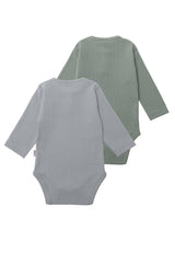 2er-Pack Baby Rippbodys mit langen Ärmeln in Blau und Schilf, elastische Baumwollmischung, weich und bequem für Babys.