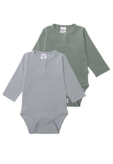2er-Pack Baby Rippbodys mit langen Ärmeln in Blau und Schilf, elastische Baumwollmischung, weich und bequem für Babys.