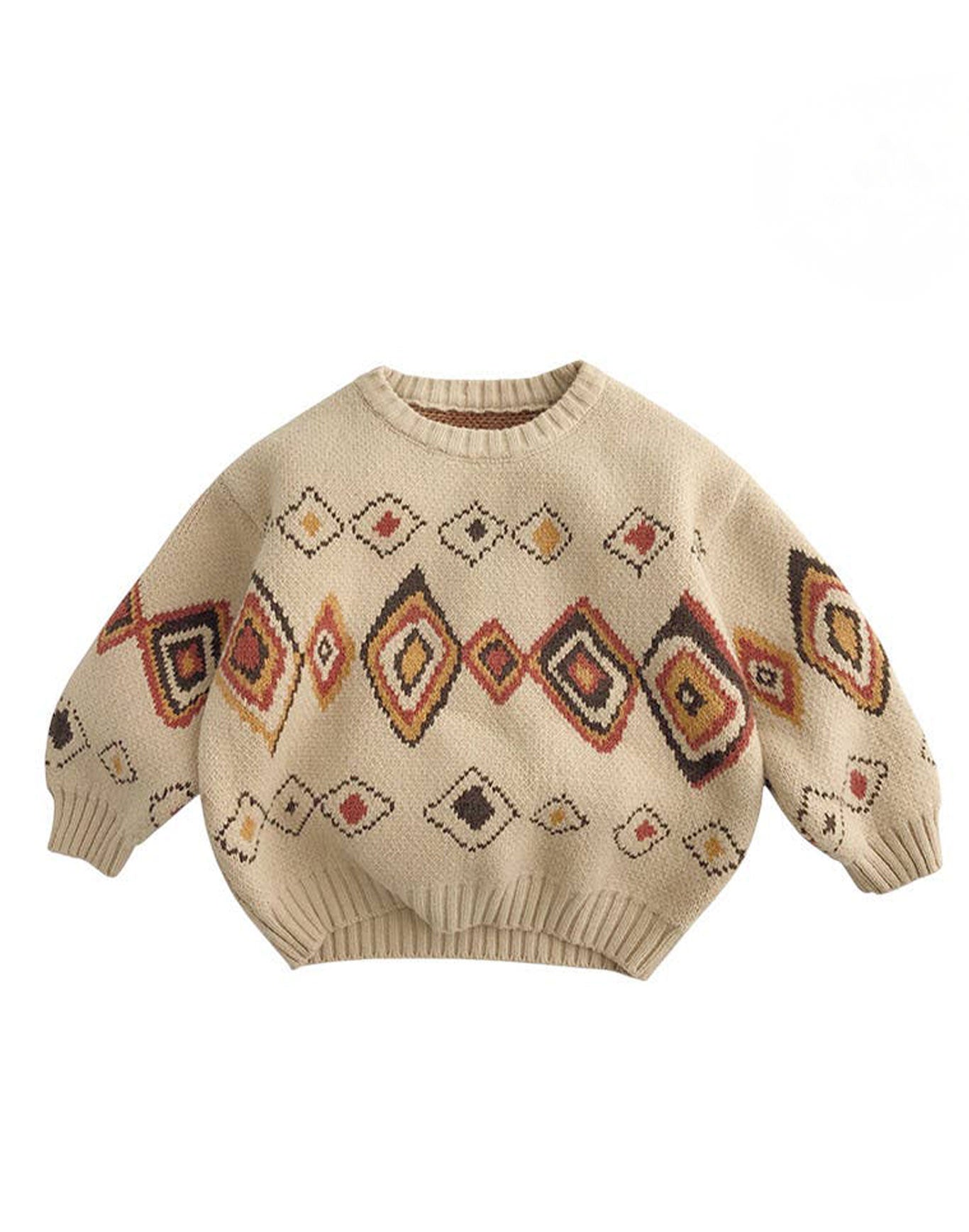 Gestrickter Kinderpullover Annie & Charles AZTEK mit Retro-Rautenmuster in Senfgelb, Rostrot und Braun – weicher Strick für Herbst und Winter.