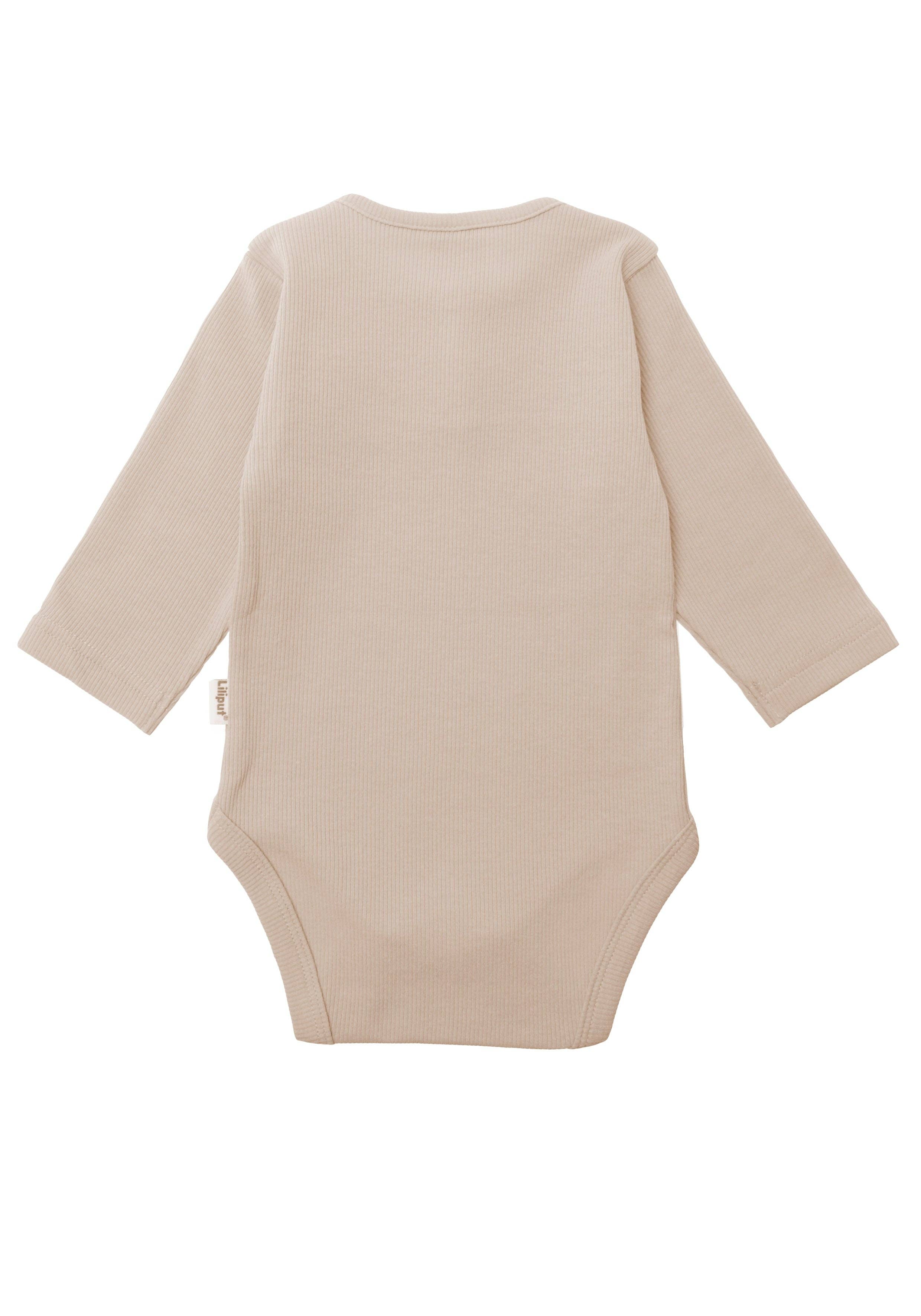 Neutraler Baby Ripp-Langarmbody in Beige, modernes Basic, perfekt kombinierbar, aus Baumwolle mit Druckknöpfen.