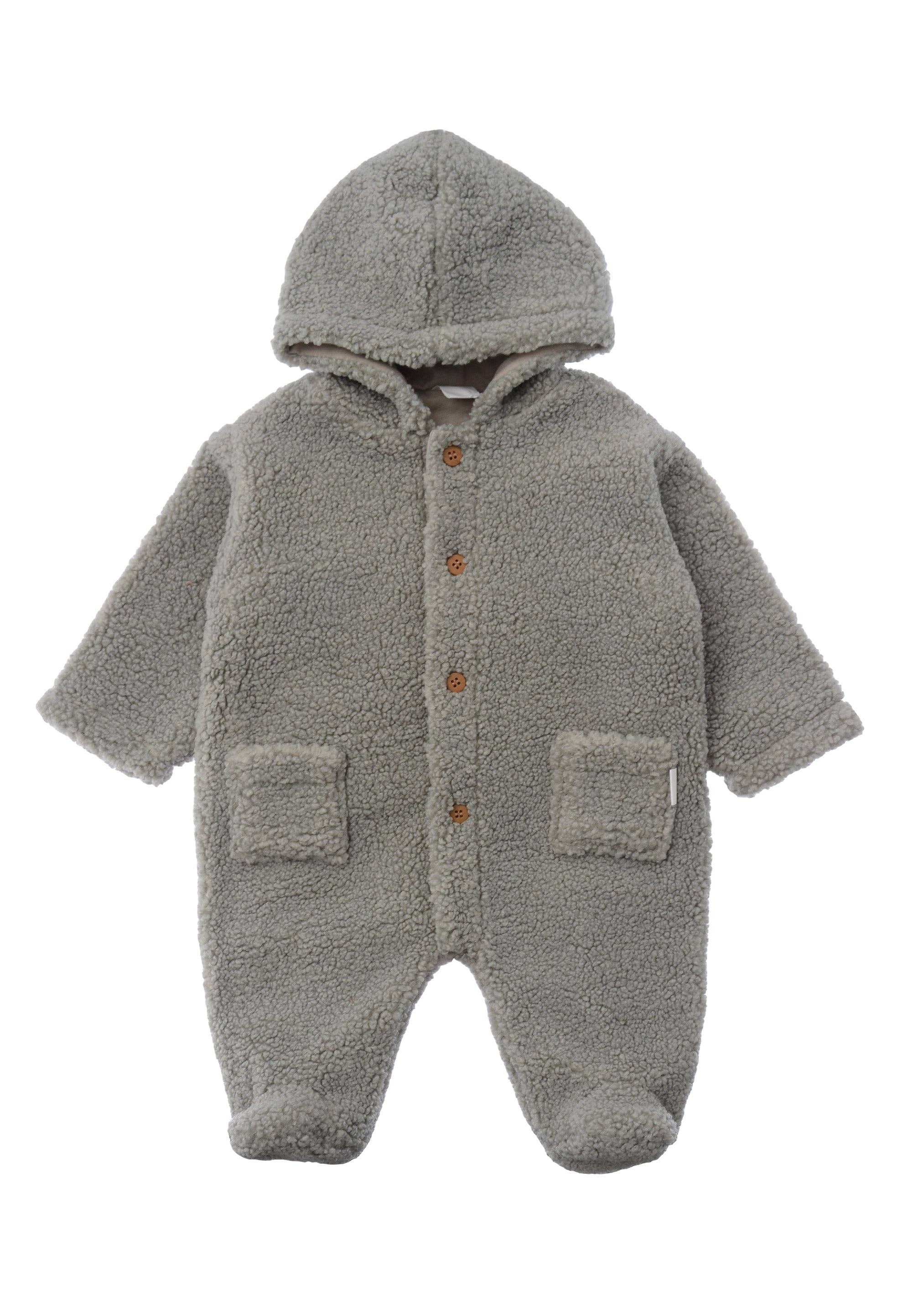 Baby Boucléfleece Overall in Grau-Grün, weiches Baumwollfutter, mit Kapuze und integrierten Füßen, warm und kuschelig für kühle Tage.