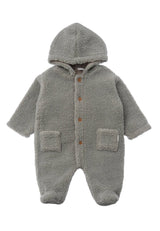 Baby Boucléfleece Overall in Grau-Grün, weiches Baumwollfutter, mit Kapuze und integrierten Füßen, warm und kuschelig für kühle Tage.