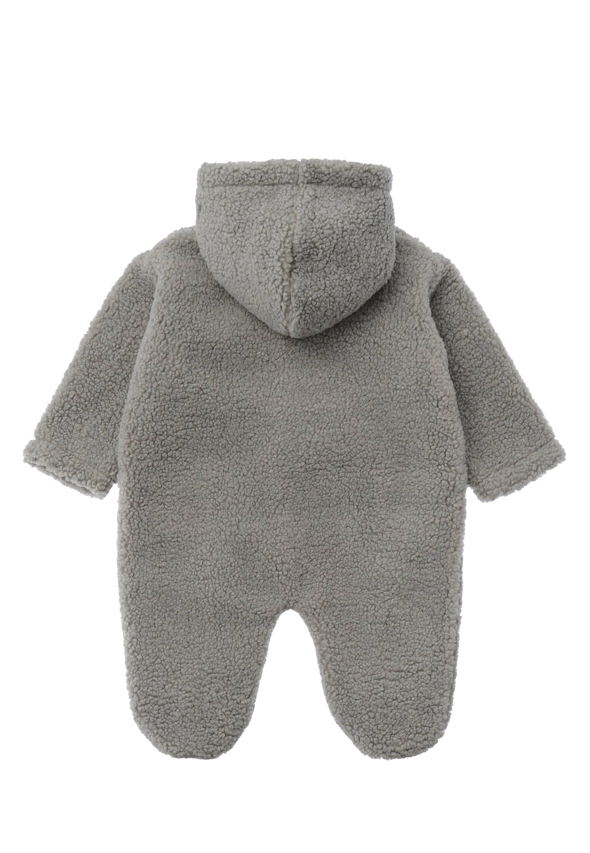Baby Boucléfleece Overall in Grau-Grün, weiches Baumwollfutter, mit Kapuze und integrierten Füßen, warm und kuschelig für kühle Tage.