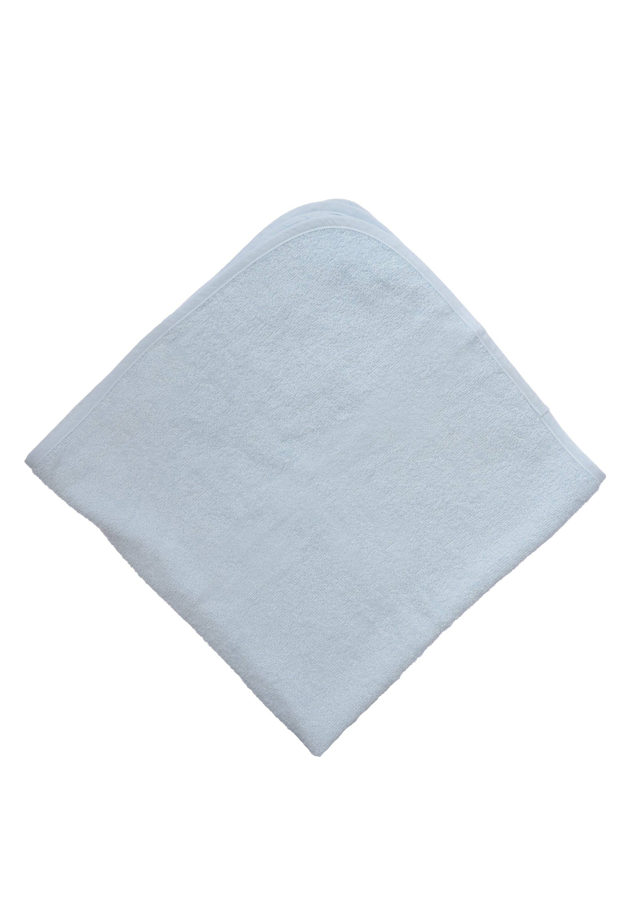 Baby Kapuzenbadetuch 80x80 cm in hellblau, 100% Baumwolle, mit gesticktem Dackelmotiv, saugfähig und wärmend nach dem Baden.