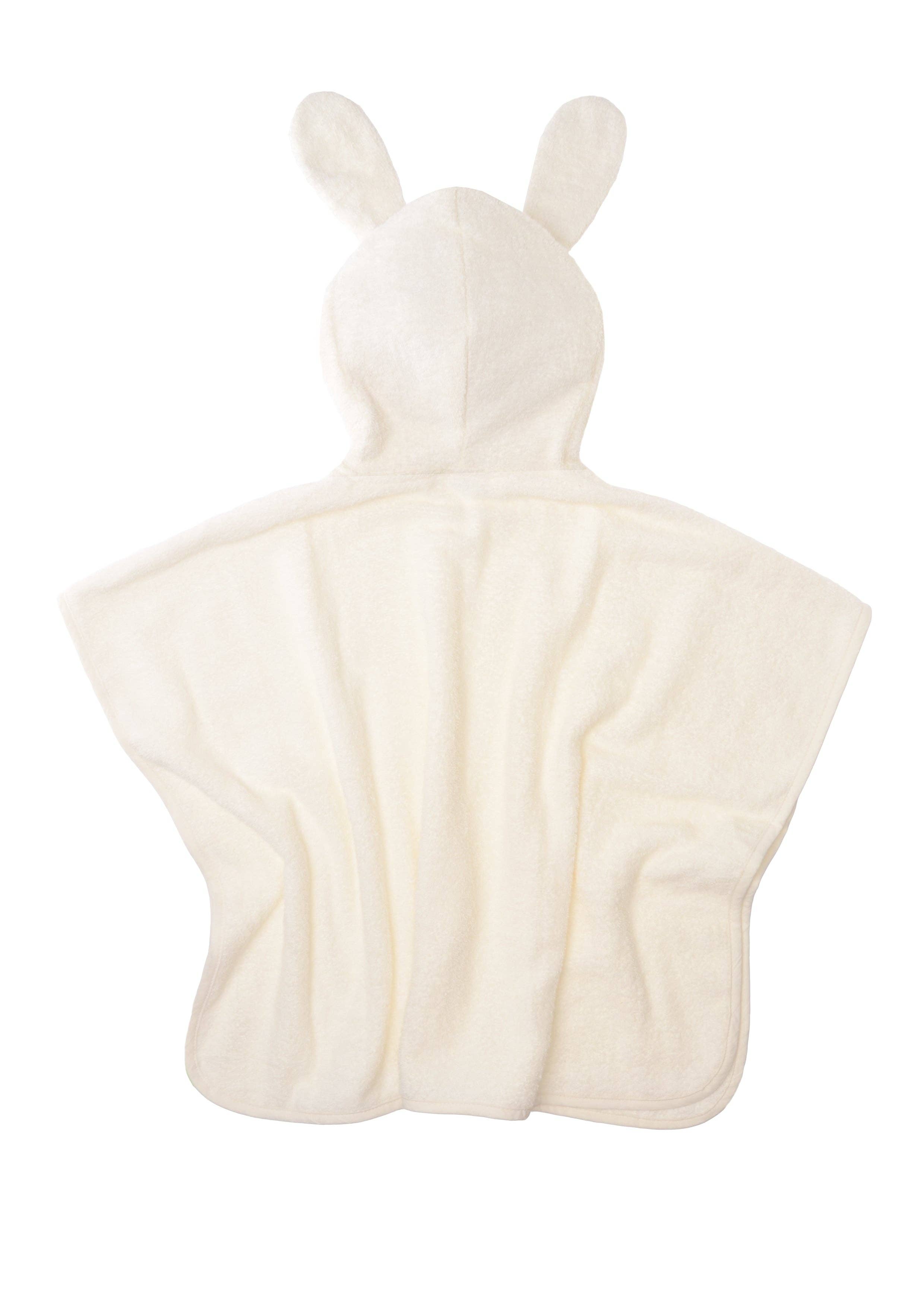 Baby Kapuzenponcho 0-12 Monate aus Baumwolle in ecru mit Hasen-Ohren und Stickerei, kuschelig, warm und einfach überzuziehen.