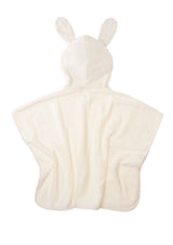 Baby Kapuzenponcho 0-12 Monate aus Baumwolle in ecru mit Hasen-Ohren und Stickerei, kuschelig, warm und einfach überzuziehen.