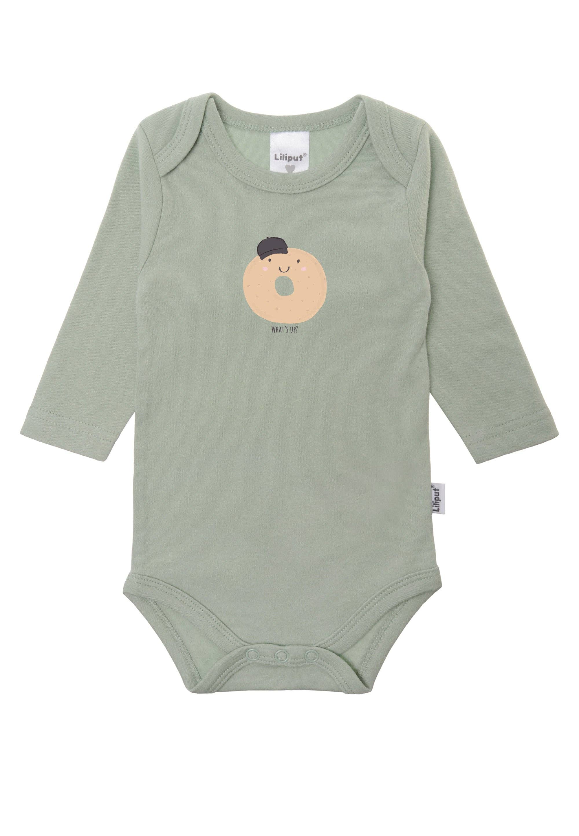 Baby Langarmbody in Schilf mit niedlichem Donut-Print, Amineck-Verschluss, aus 100% Baumwolle, weich und bequem für Herbst und Alltag.