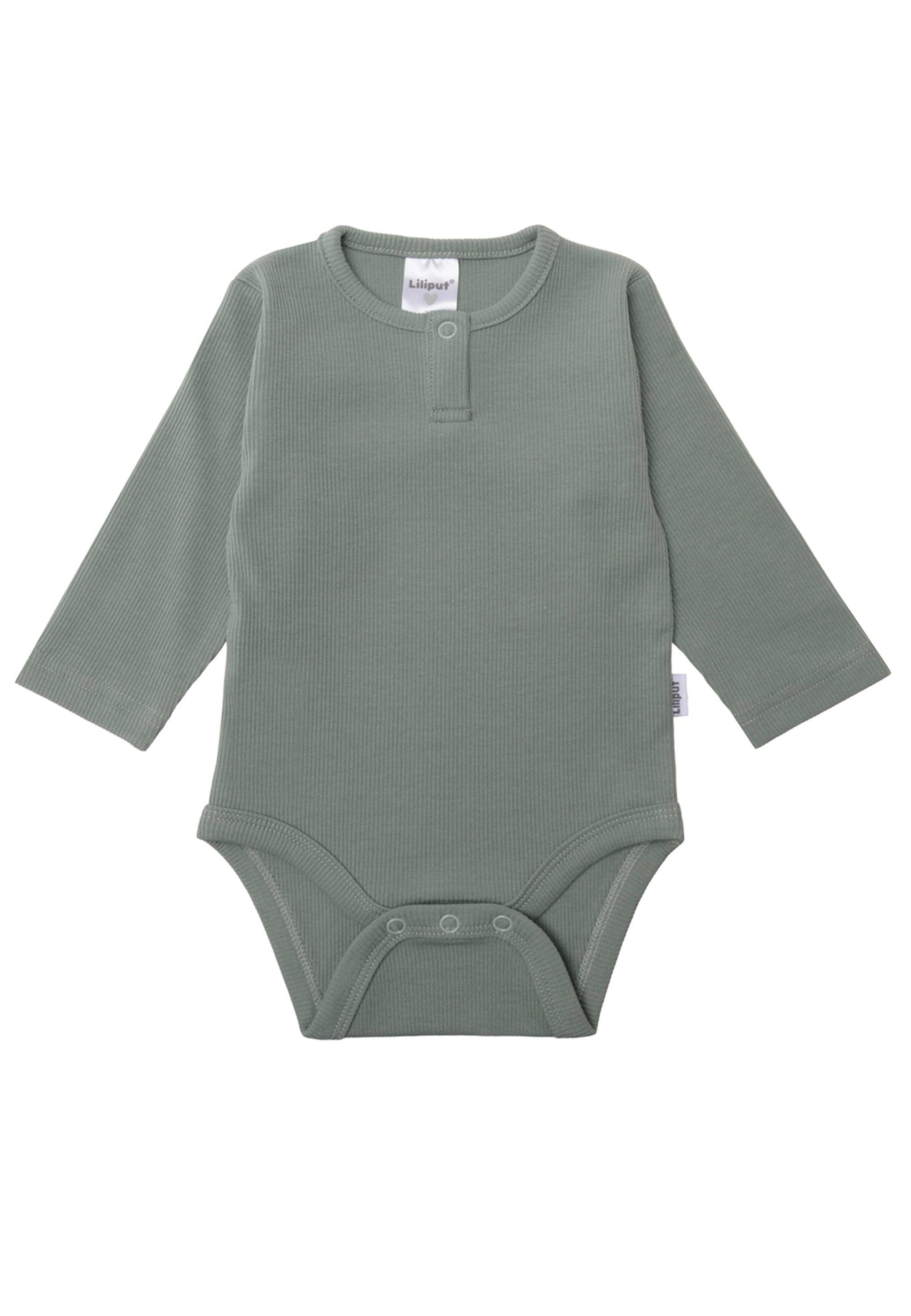Praktisches Doppelpack Baby Langarmbodys aus Rippenstoff in Blau und Schilf, dehnbar, atmungsaktiv und pflegeleicht.