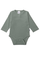 Praktisches Doppelpack Baby Langarmbodys aus Rippenstoff in Blau und Schilf, dehnbar, atmungsaktiv und pflegeleicht.