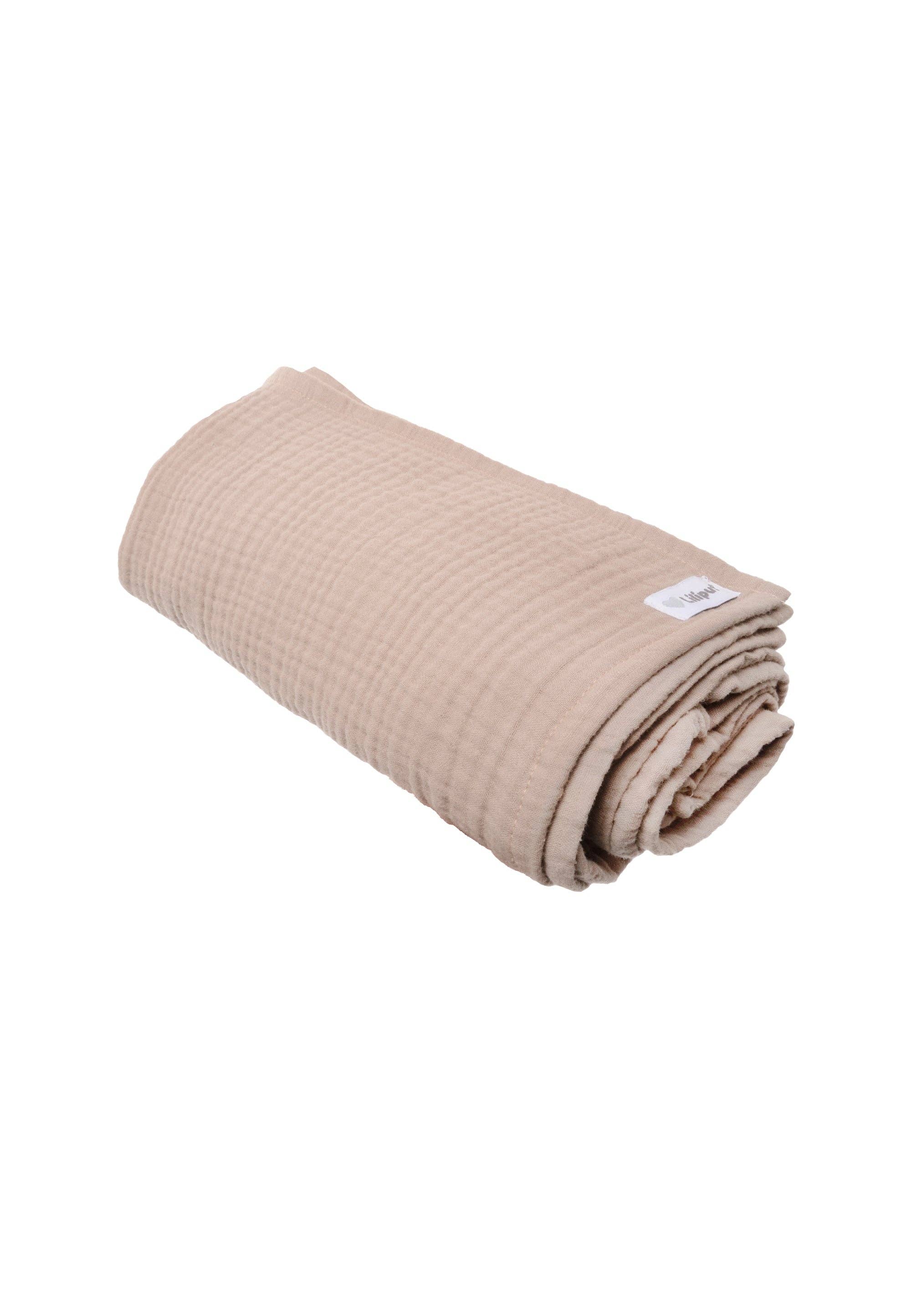 Baby Musselindecke in Braun, 80x85 cm, vielseitig einsetzbar als Spucktuch, Krabbeldecke oder Kuscheldecke, dreilagig und weich.