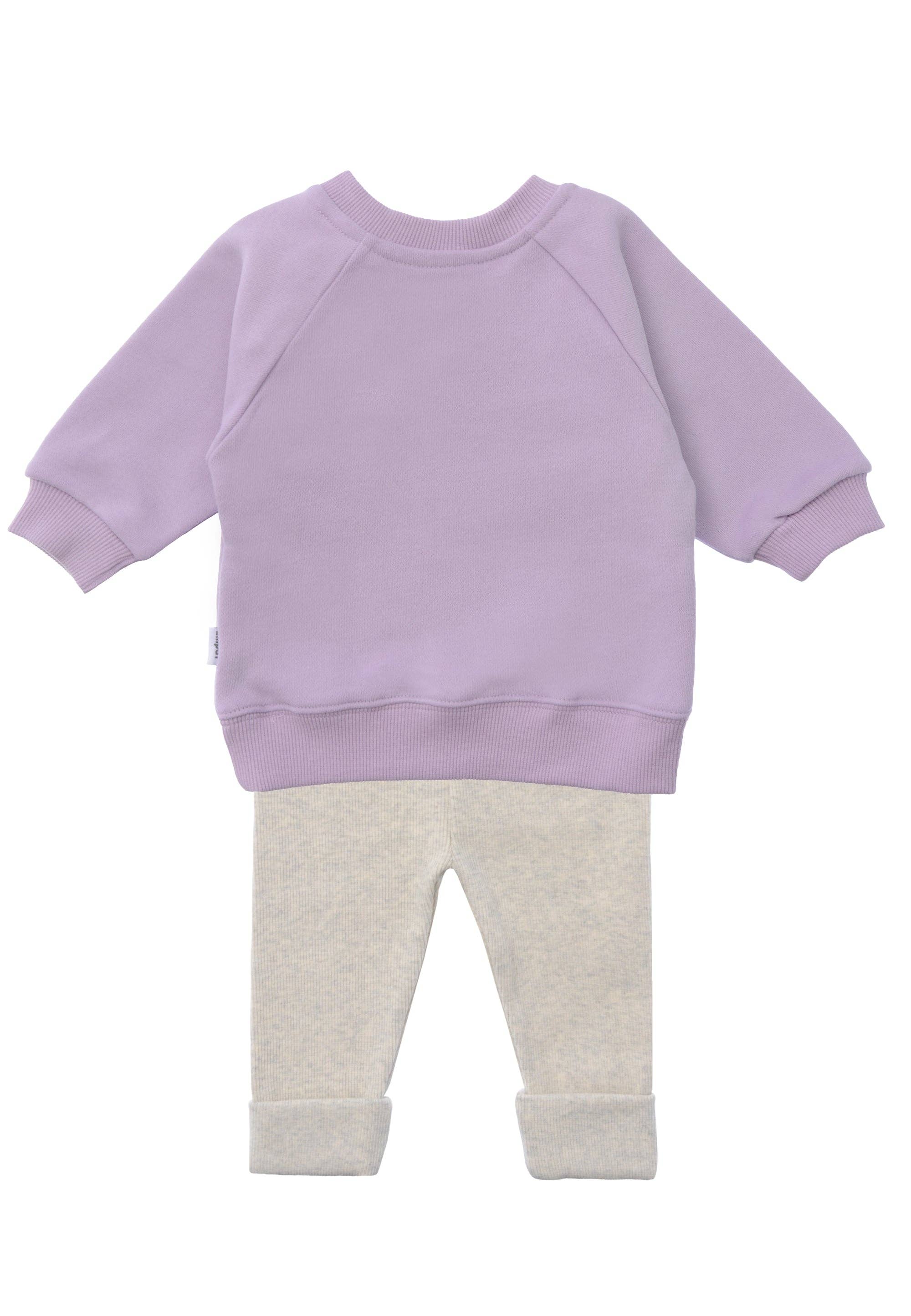 2-teiliges Baby Outfit mit Sweatshirt in Flieder "Amore" und graumelange Leggings, weiche Baumwollmischung, praktische Druckknöpfe am Halsausschnitt, elastische Bündchen.