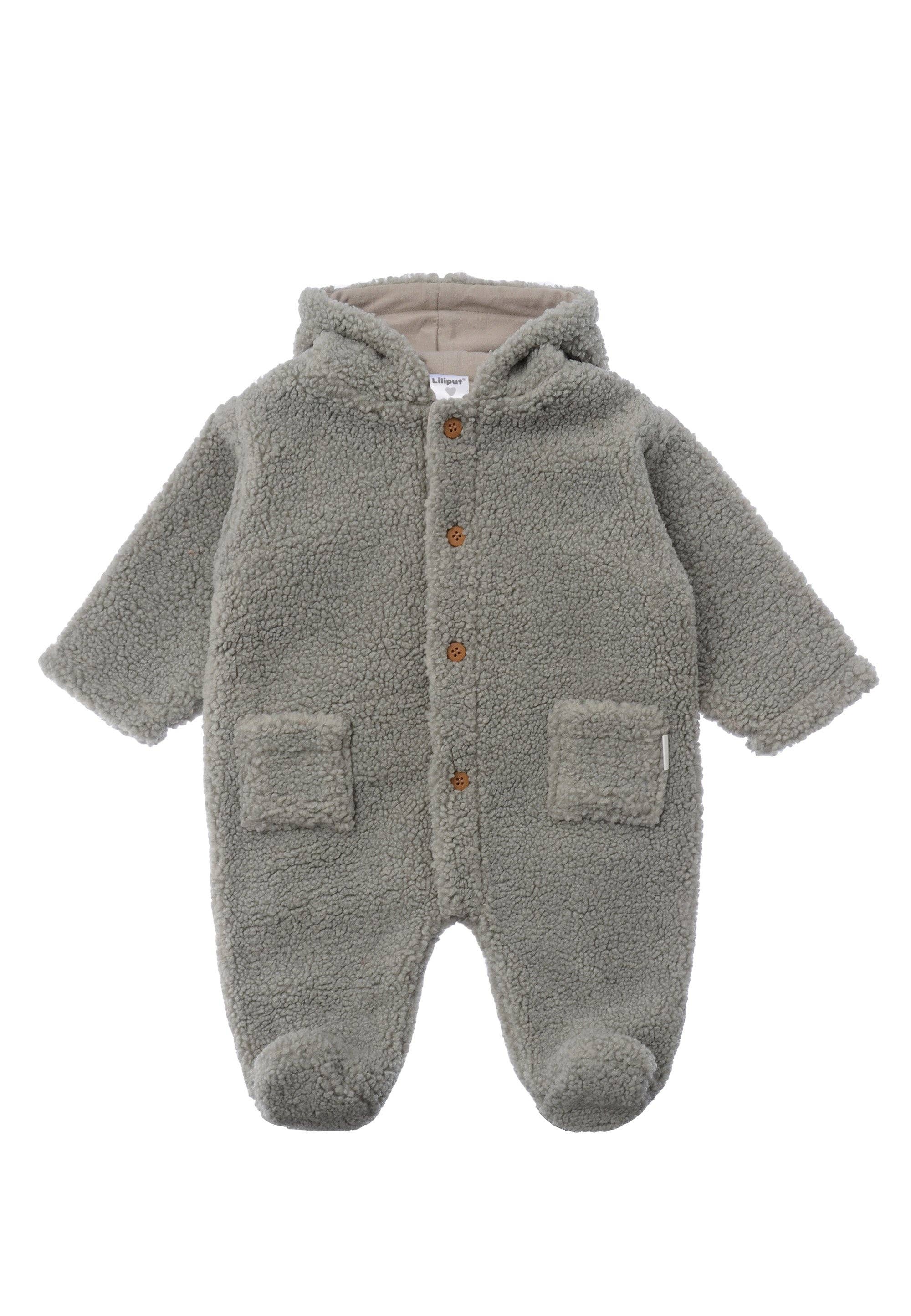Grüner Baby Boucléfleece Overall, weich gefüttert, mit Kapuze und Füßen, ideal für Spielplatz, Stadt oder Alltag, warm und bequem.