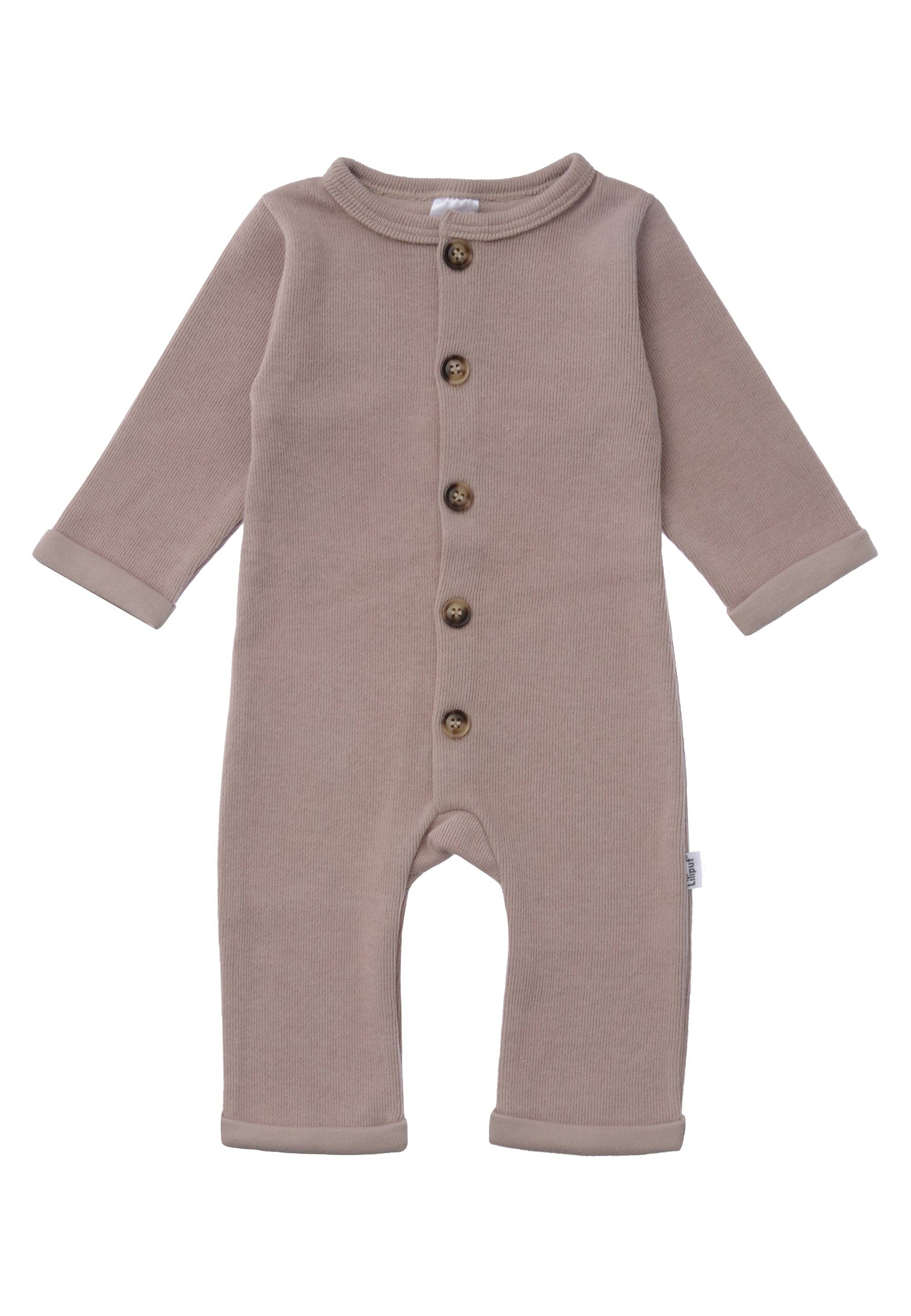 Baby Rib-Strick-Overall in Braun, aus 80% Baumwolle und 20% Polyester, mit fünf Knöpfen auf der Vorderseite, umgeschlagene Säume, weich und bequem.