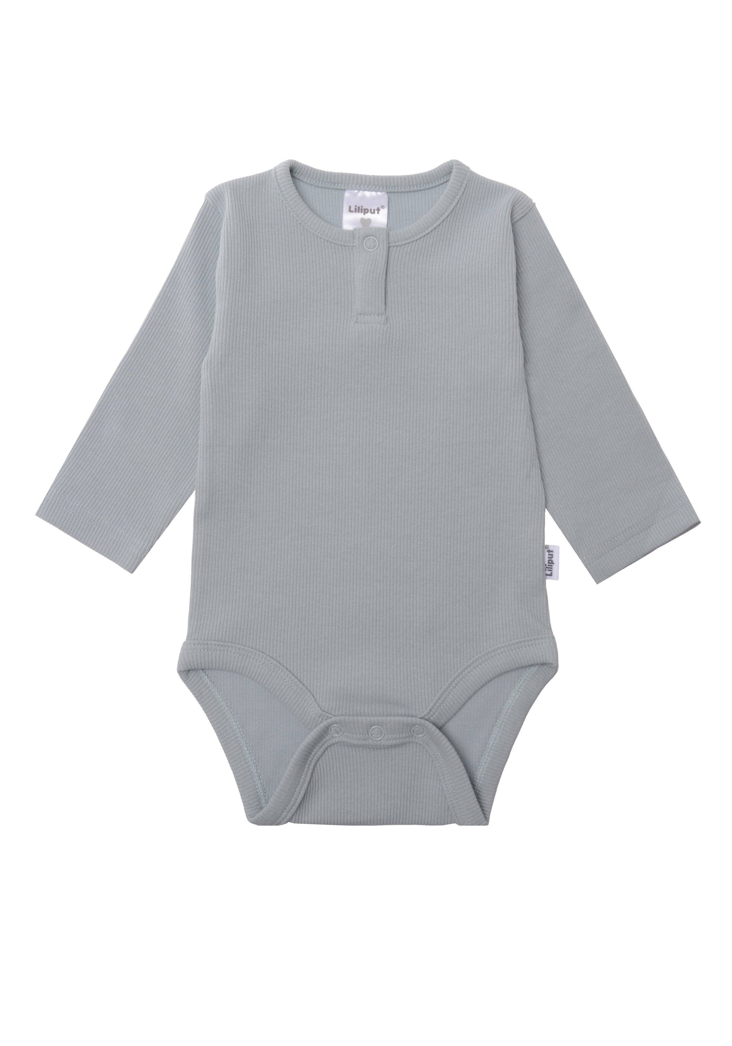 Langarm Baby-Rippbody in Hellblau, elastischer Body mit Rundhalsausschnitt und Druckknöpfen, weich, bequem und ideal für den Alltag.