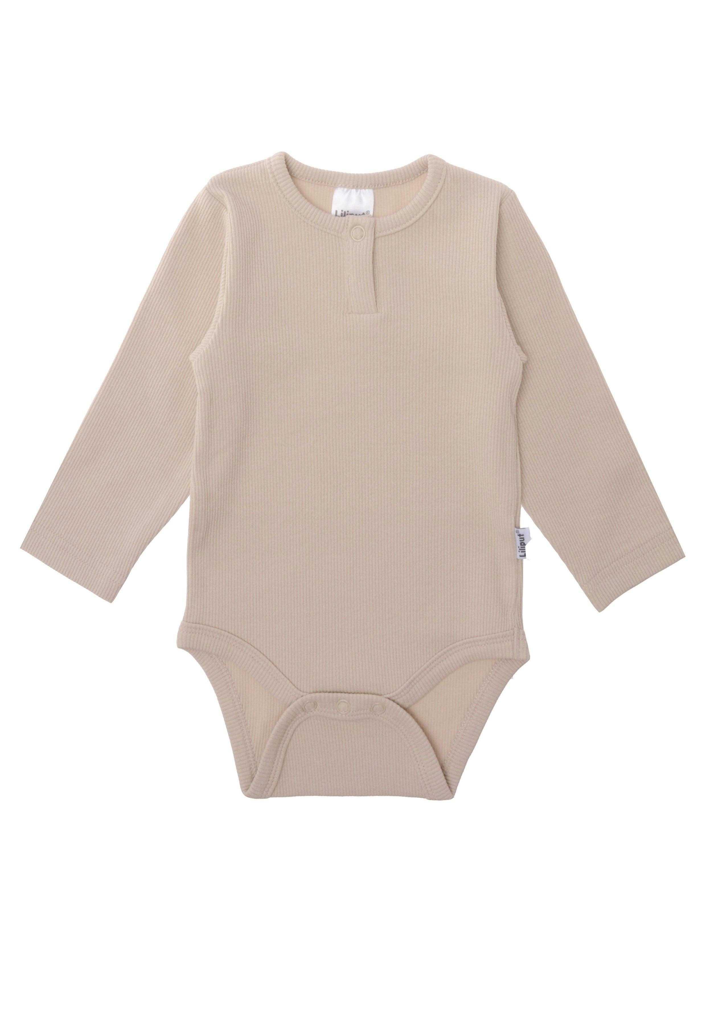 Beiger Baby Rippbody mit langen Ärmeln, elastische Baumwollmischung, bequem und weich für Neugeborene und Kleinkinder.