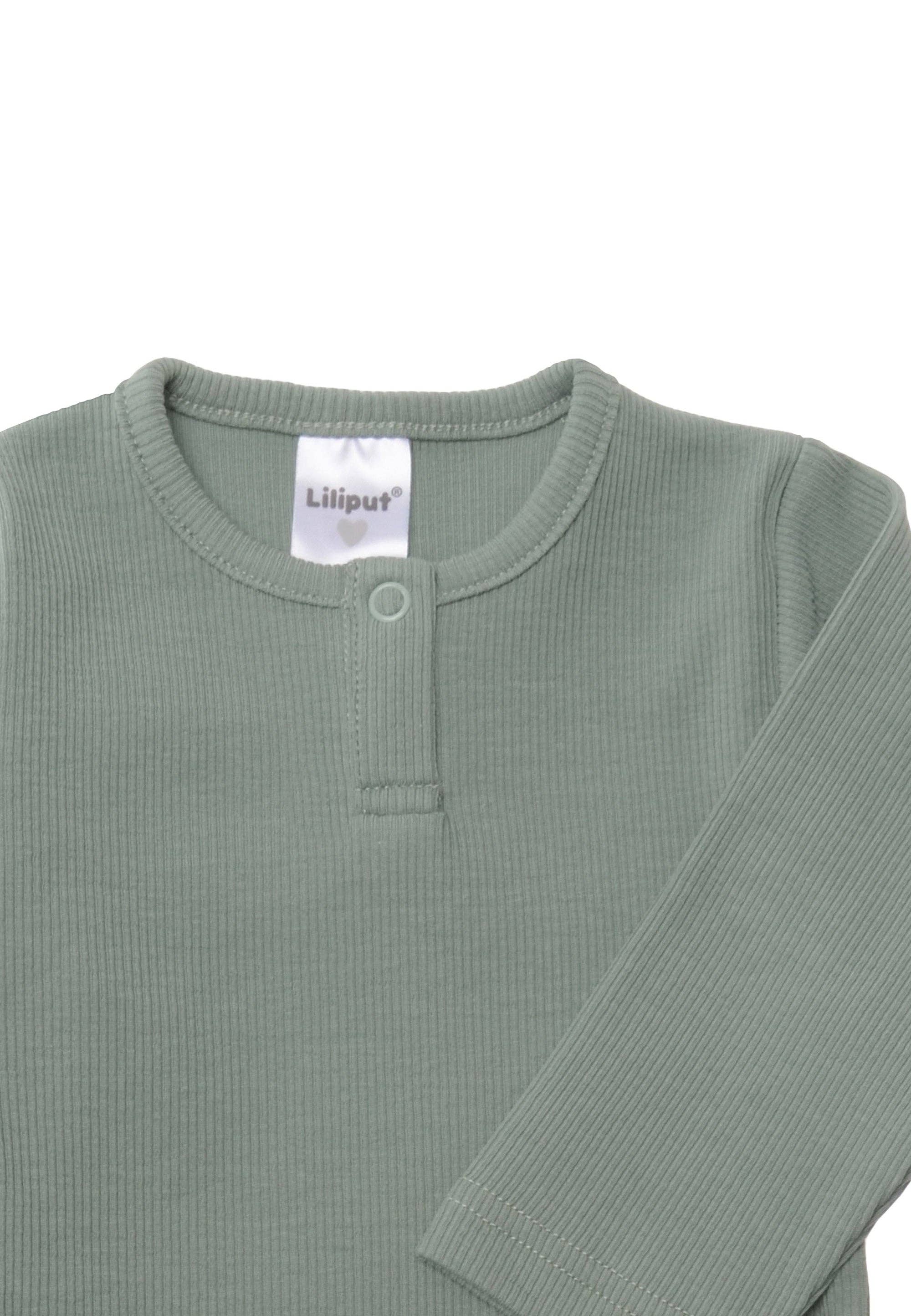 Zwei Baby Ripp-Langarmbodys im Set, Farben Blau und Schilf, aus weicher Baumwollqualität, ideal für den Alltag und jede Jahreszeit.