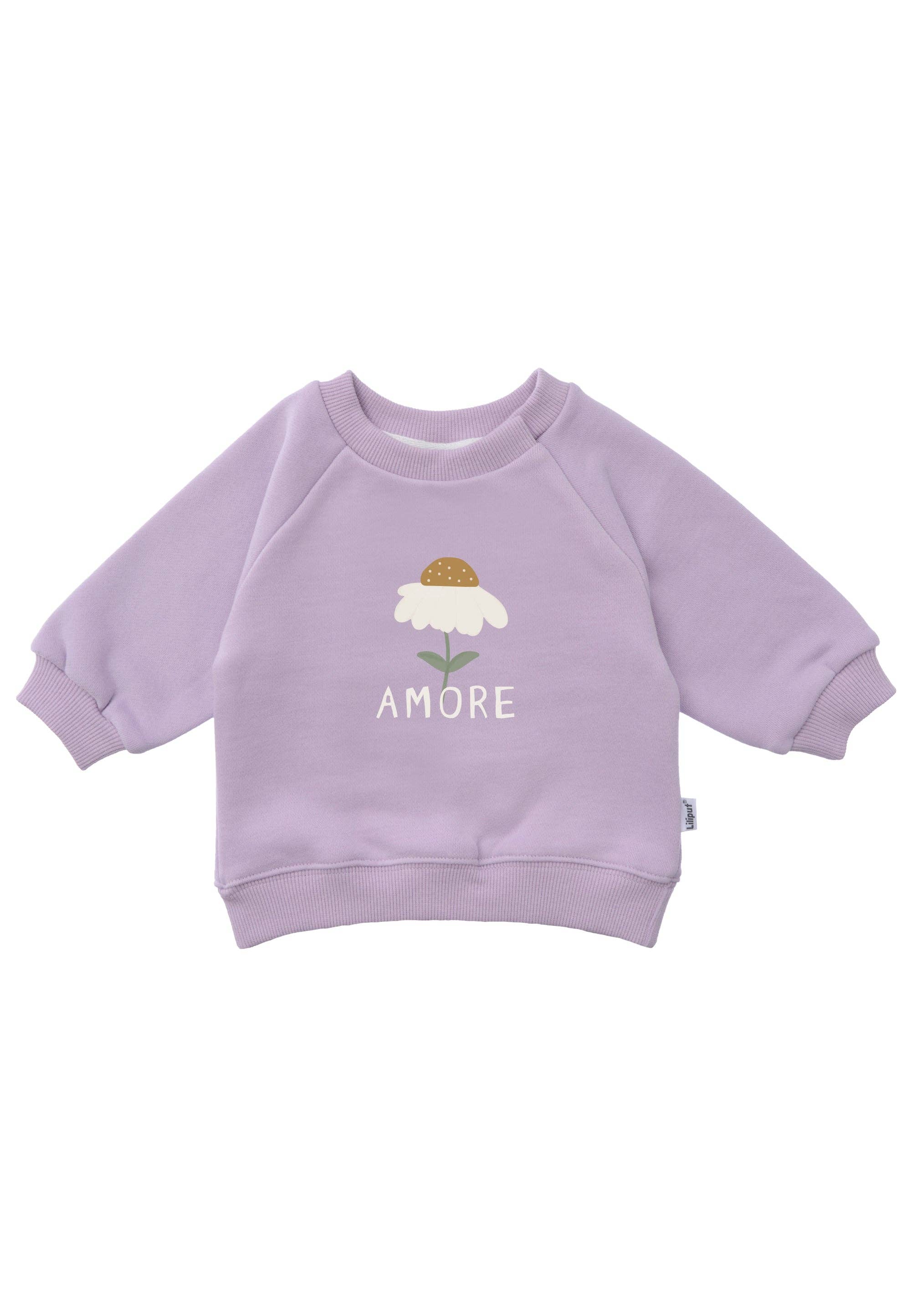 Baby 2-teiliges Set: Sweatshirt Flieder mit Amore-Print und graue Leggings, elastische Bündchen, weich, bequem und angenehm auf der Haut.