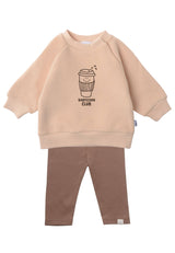 Baby Set mit Sweatshirt in Beige und Leggings in Braun, Sweatshirt aus 80% Baumwolle 20% Polyester, Leggings aus 79% Baumwolle, 17% Polyester, 4% Spandex, weich und bequem.