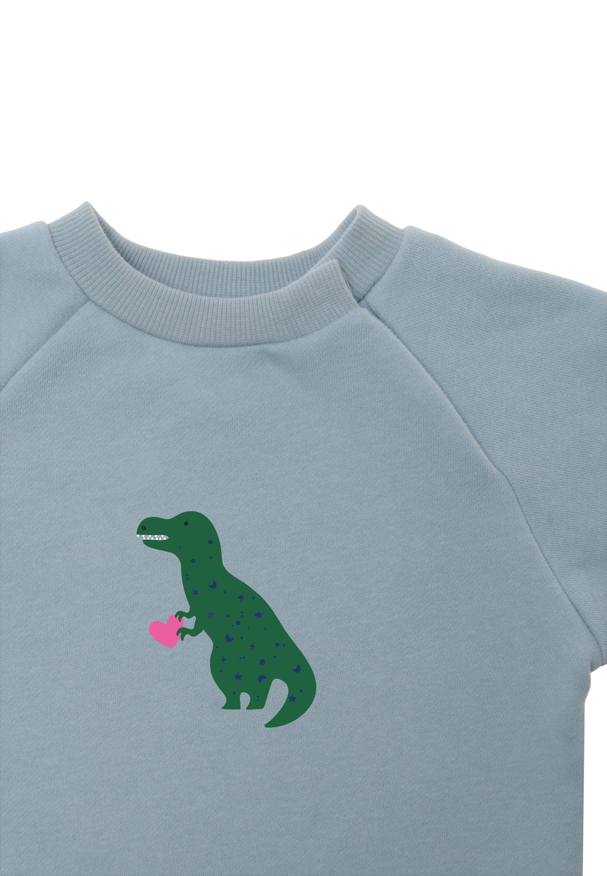 Lässiges Baby Sweatshirt Hellblau mit Dino-Motiv, weiche Baumwollmischung, elastische Bündchen und Druckknöpfe für einfaches An- und Ausziehen.