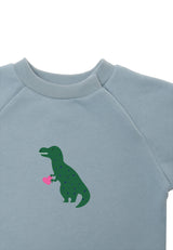 Lässiges Baby Sweatshirt Hellblau mit Dino-Motiv, weiche Baumwollmischung, elastische Bündchen und Druckknöpfe für einfaches An- und Ausziehen.