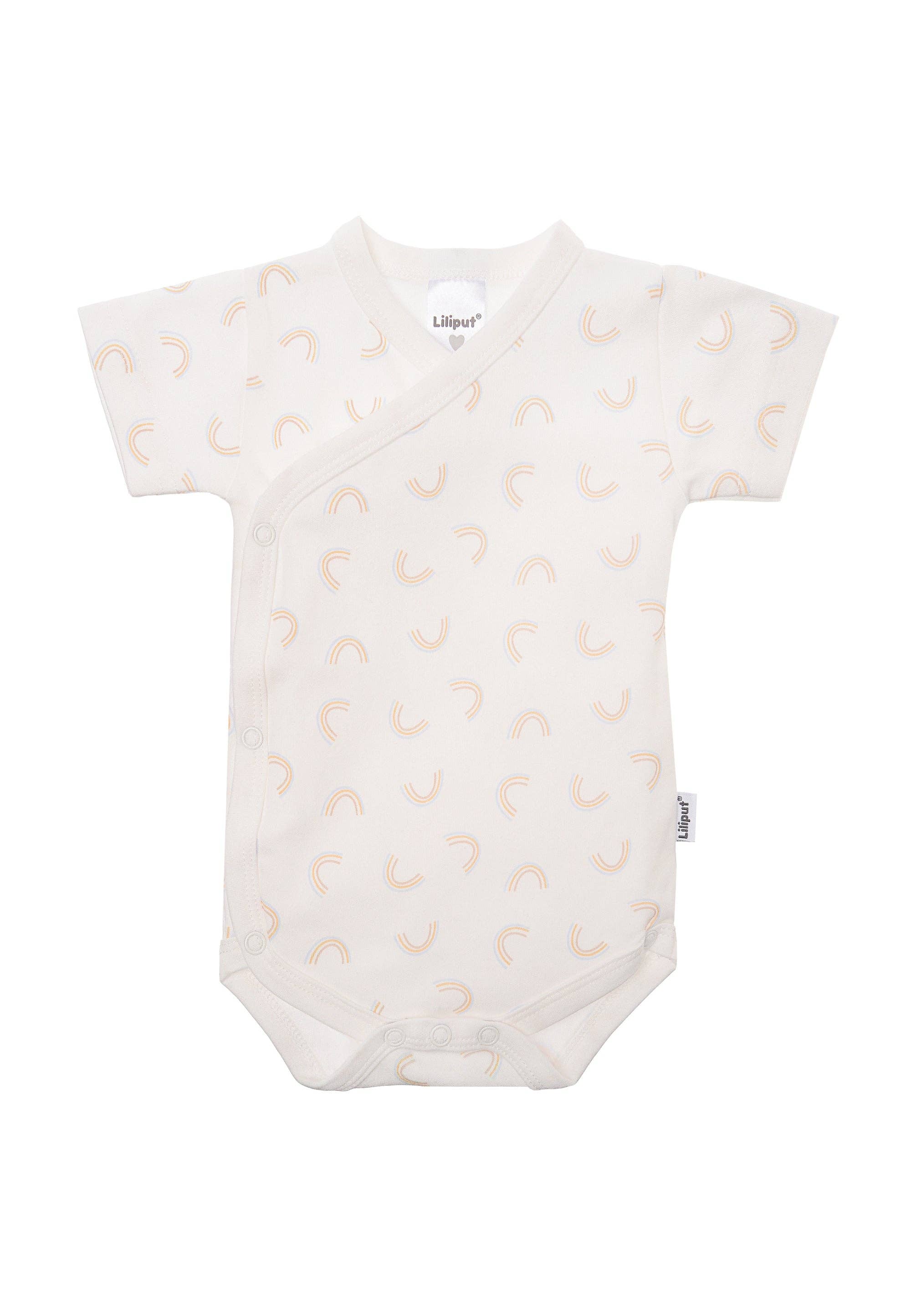Baby Wickelbodys 2er-Set Regenbogen und Streifen, aus weicher Baumwolle, mit Druckknöpfen für leichtes An- und Ausziehen, kurzarm.