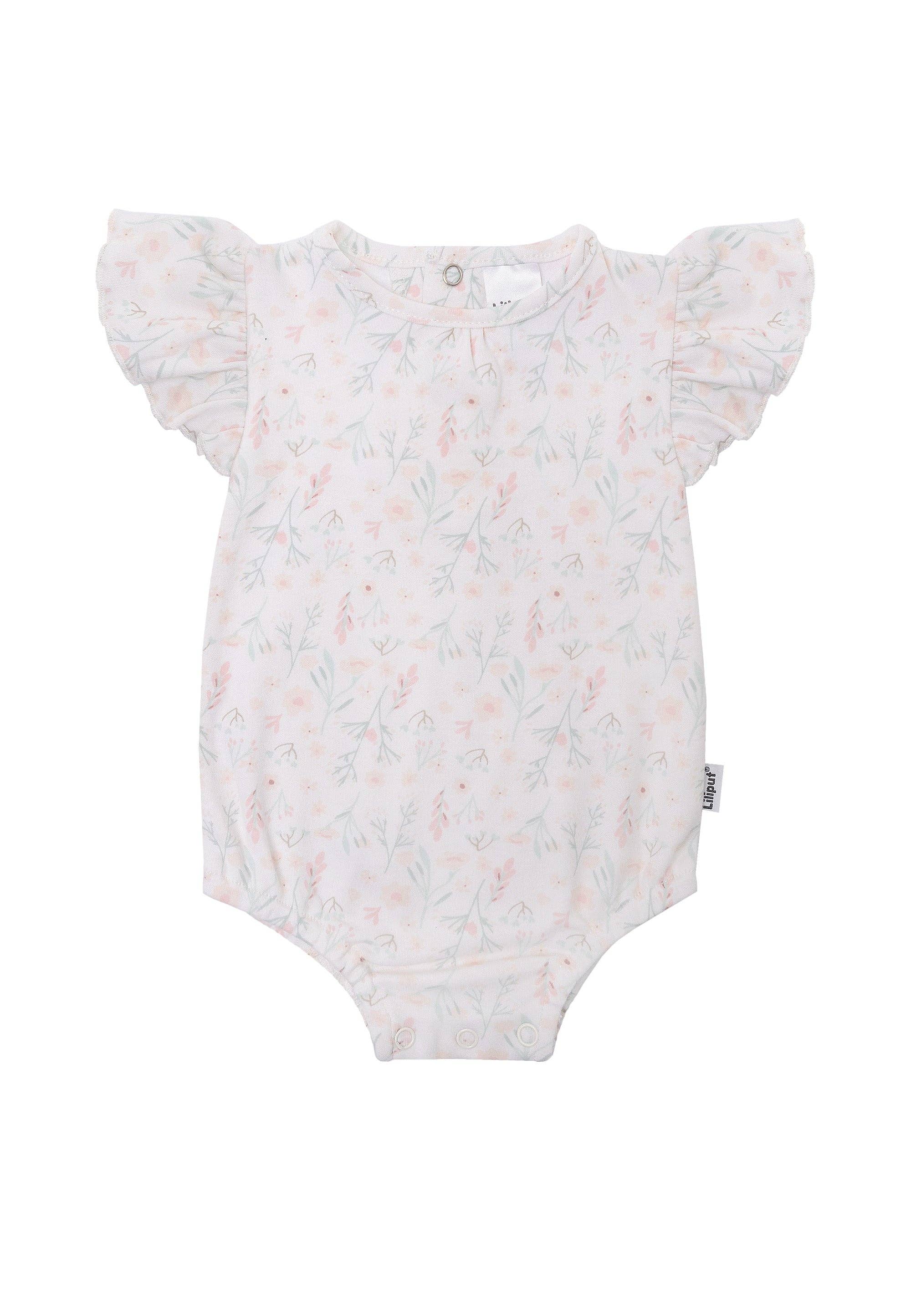 Kurzarmbody für Babys mit Blumen-Print und Rüschenärmeln, aus 100% Baumwolle, hautfreundlich, bequem und ideal für warme Sommertage.