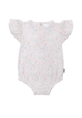 Kurzarmbody für Babys mit Blumen-Print und Rüschenärmeln, aus 100% Baumwolle, hautfreundlich, bequem und ideal für warme Sommertage.