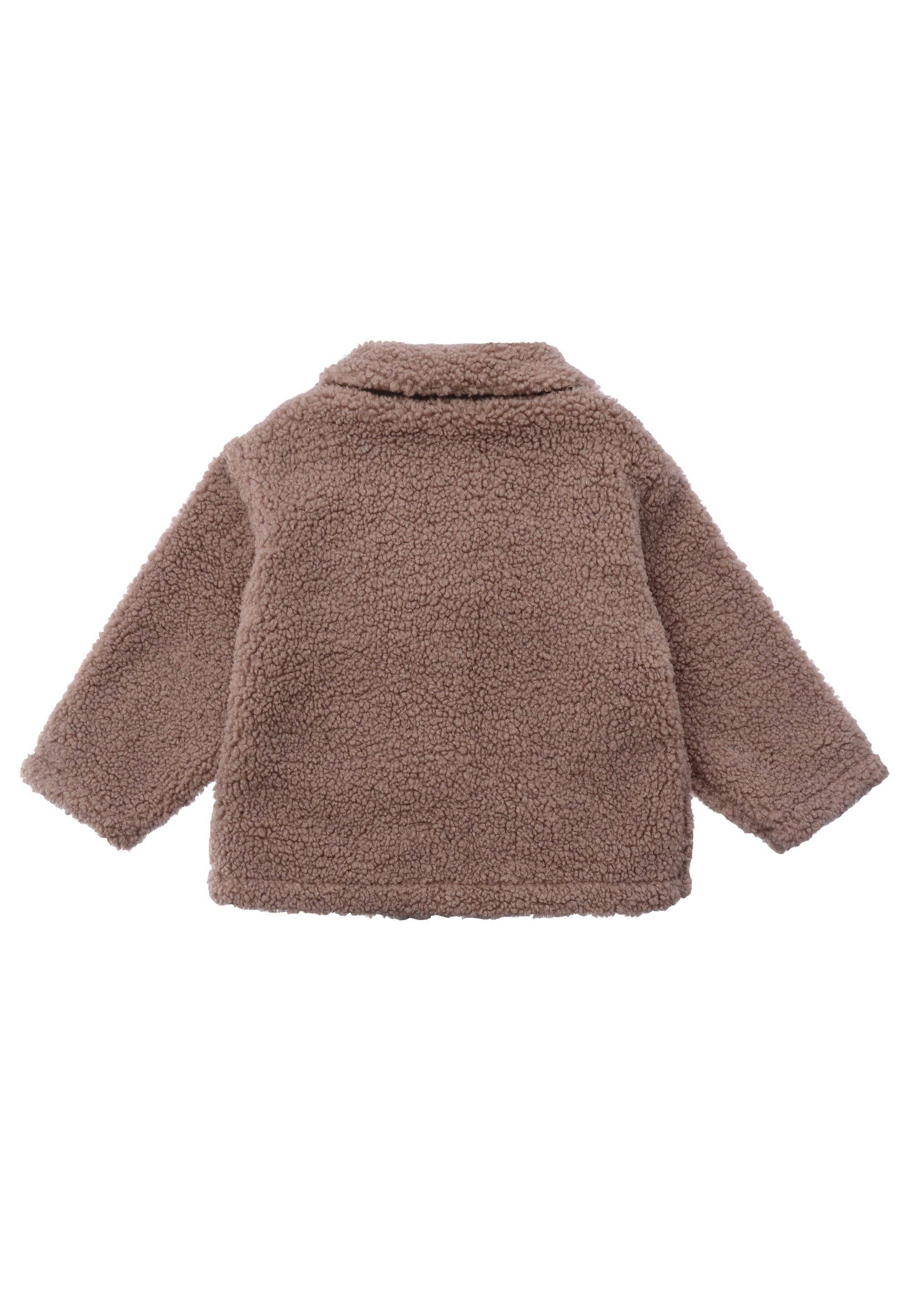 Altrosa Babyjacke aus Boucléfleece mit Baumwollfutter, perfekt für kühlere Tage, warm, weich und bequem zu tragen.