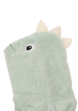 Weicher Badeponcho für Babys mit Kapuze, Dino-Zacken und Knopfverschluss, in grünem Baumwollfrottee, ideal nach dem Baden.