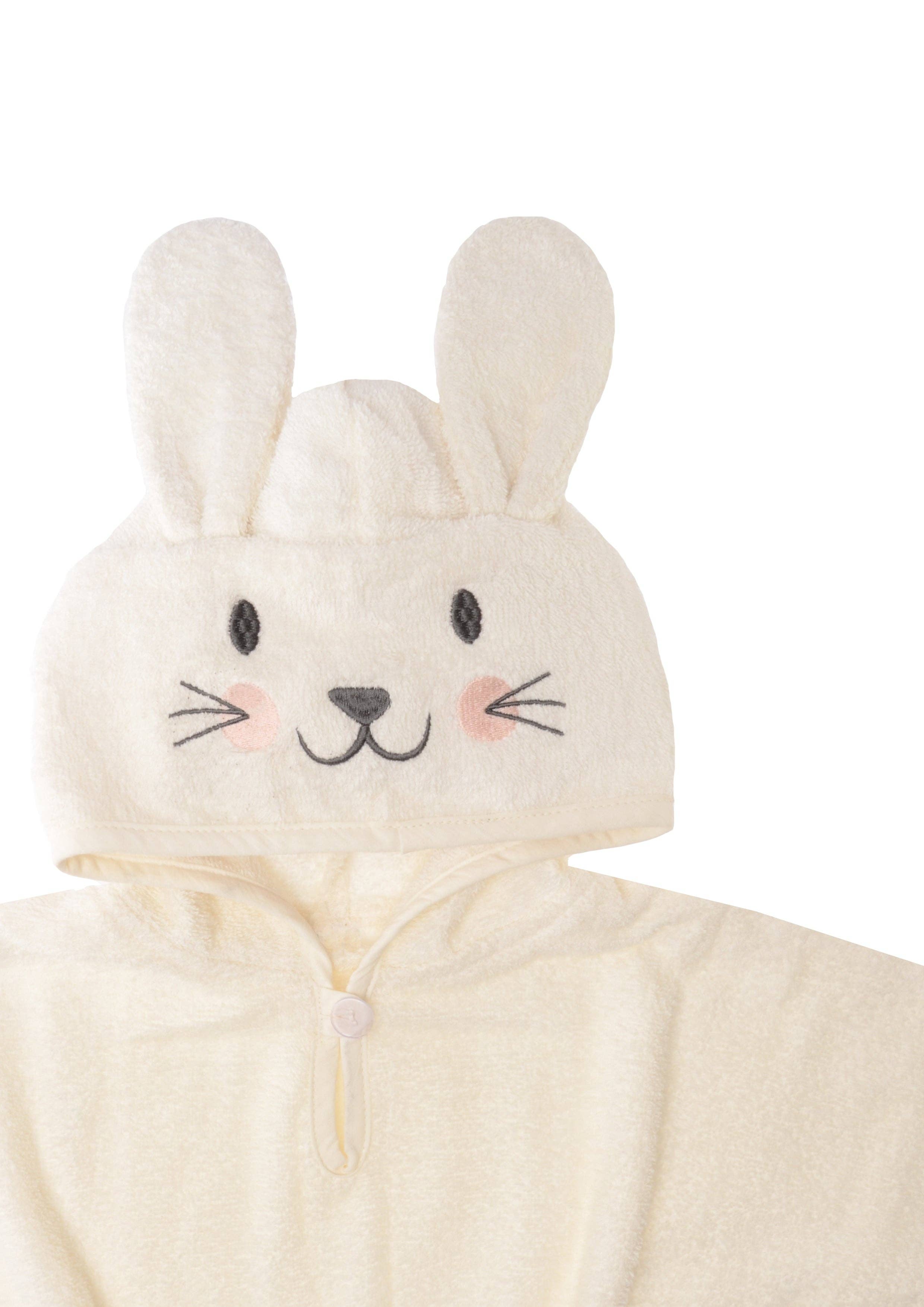 Weicher Badeponcho für Babys mit Kapuze, Hasen-Ohren und Knopfverschluss, ecru Baumwollfrottee, ideal nach dem Baden.
