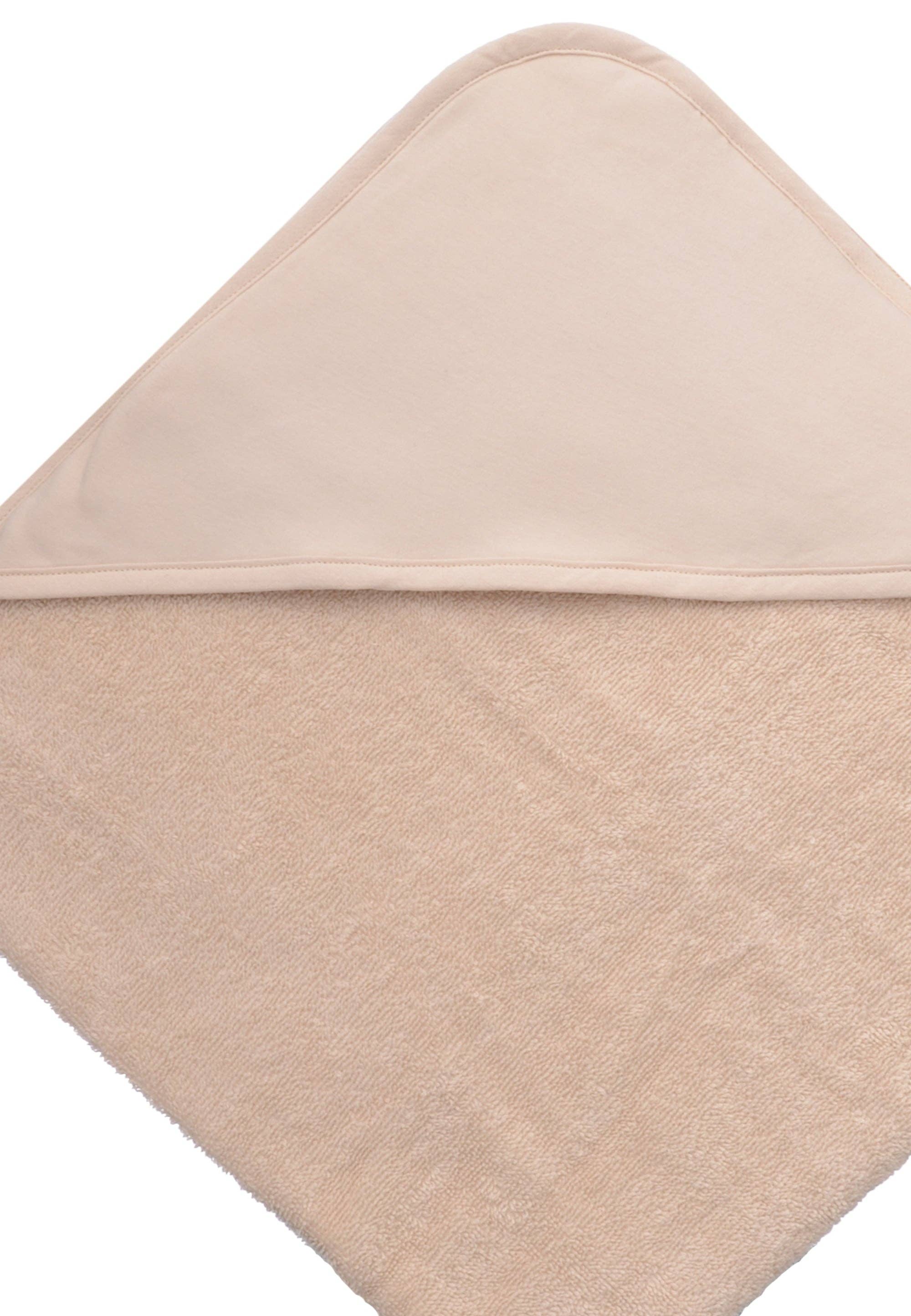 Weiches Baby Kapuzenhandtuch 80x80 cm in Beige, hochwertige Baumwolle, schützt vor Zugluft und hält nach dem Bad warm.