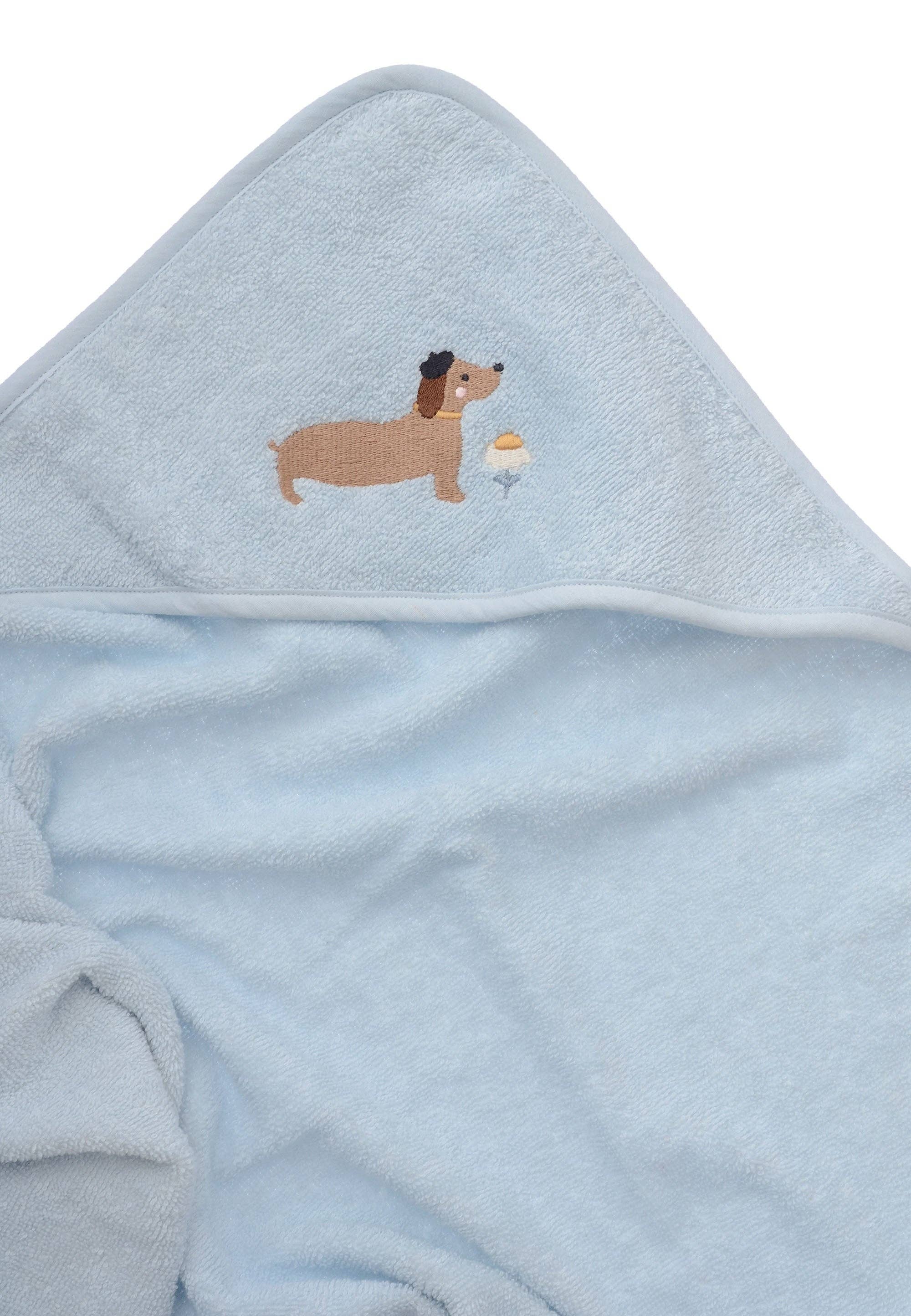 Weiches Babybadetuch mit Kapuze und Dackel Stickerei in hellblau, 80x80 cm, hautfreundliche Baumwolle, schützt vor Zugluft.