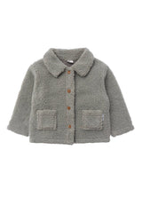 Boucléfleece Jacke für Babys und Kinder in dezentem Grün, weich gefüttert mit Baumwolle, warm und kuschelig für Übergangs- und kühle Tage.