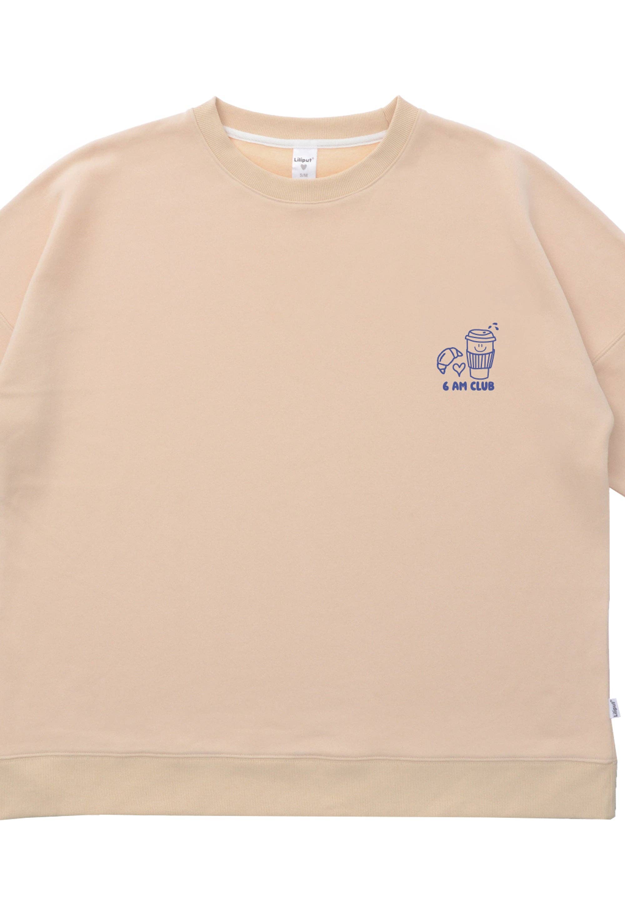 Oversized Coffee Sweatshirt beige für Erwachsene, Mini & Me Special Edition mit 6am Frontprint und Rückenstatement.