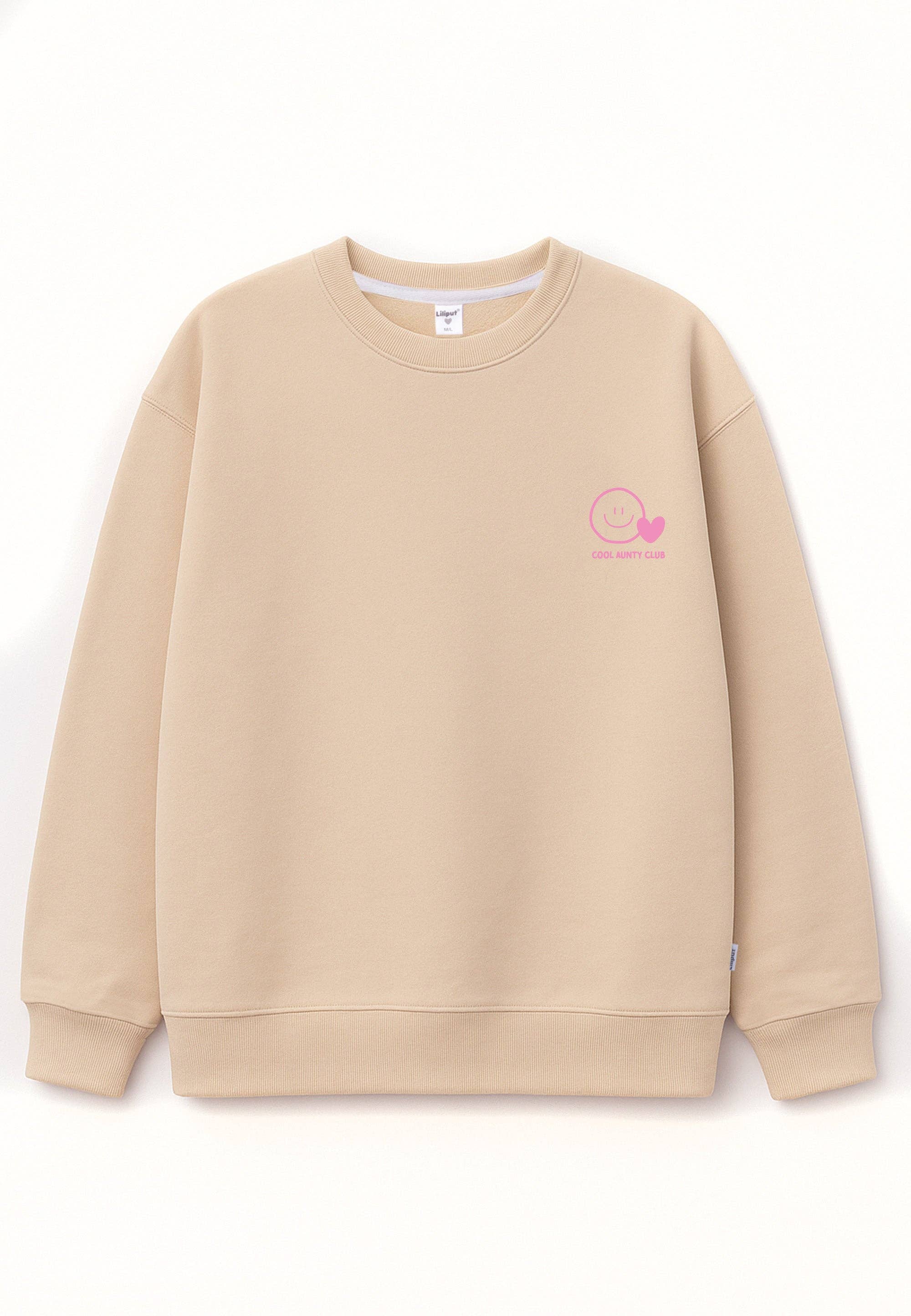 Cool Aunty Club Sweatshirt beige für Frauen, Oversized Fit mit Smiley und Statement Print, Mini & Me Edition.