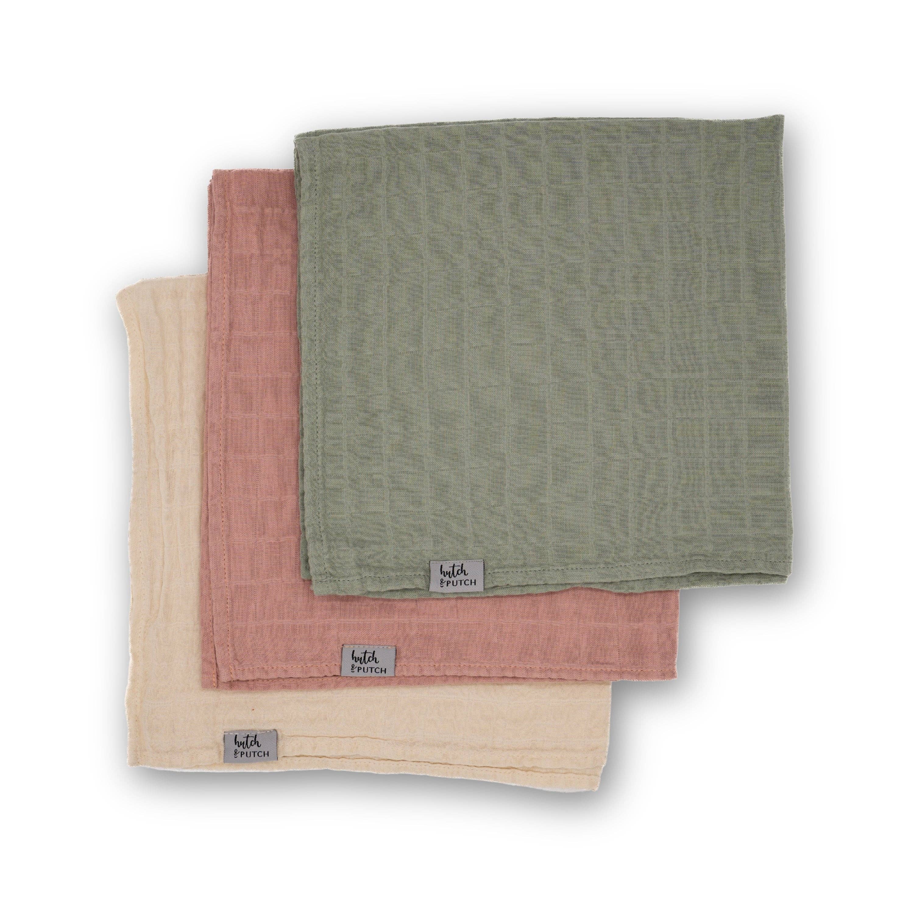 Mulltuch Bio-Baumwolle 60x60cm • 3er-Set • Rosa/Salbeigrün/Cremeweiß