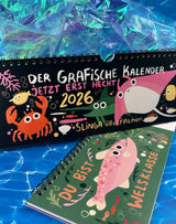 Humorvoller GraFischer Kalender 2026 mit liebevoll illustrierten Fischen und witzigen Wortspielen – fröhlicher Jahreskalender für gute Laune durchs Jahr.