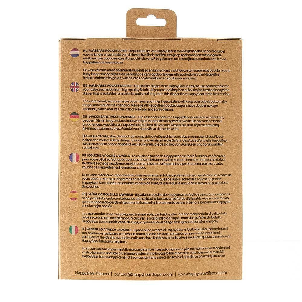 HappyBear Pocket-Windel mit weichem Veloursleder-Innenfutter, wasserdichter Außenschicht und zwei saugstarken Einlagen für maximale Trockenheit.