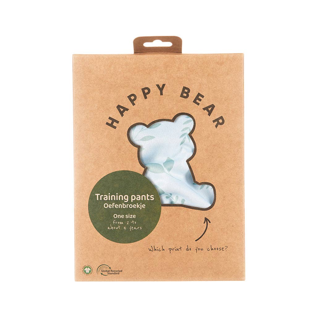 Bunte HappyBear Trainingshose in fröhlichen Prints, bequem und dehnbar, macht das Toilettentraining spielerisch leicht.