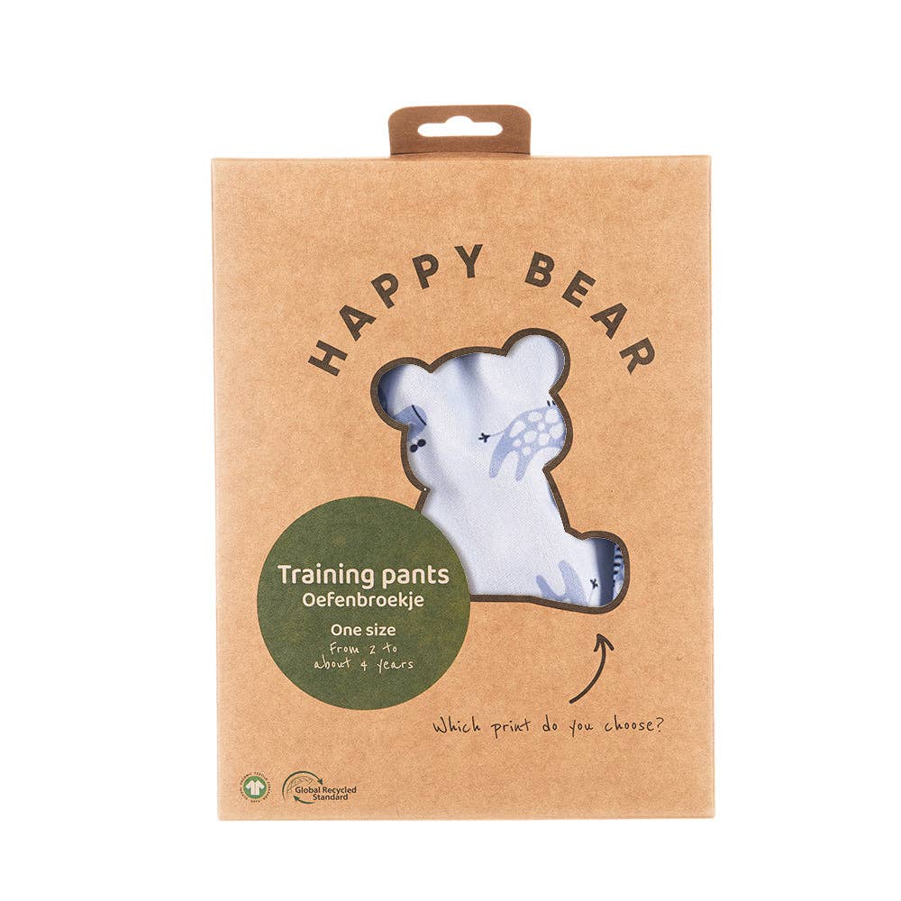 Bunte HappyBear Trainingshose in fröhlichen Prints, bequem und dehnbar, macht das Toilettentraining spielerisch leicht.