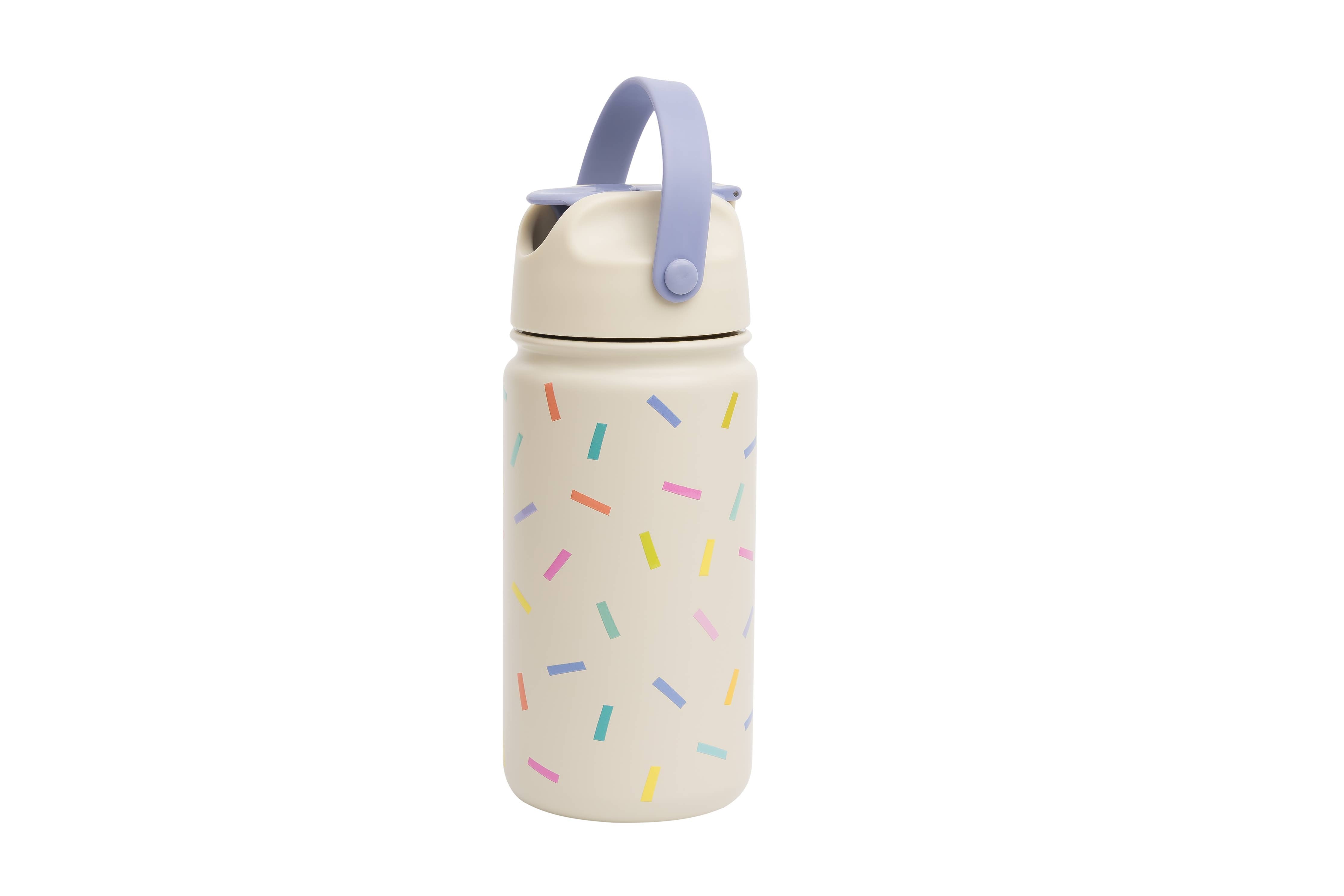 Isolierte Kinder Trinkflasche Confetti aus Edelstahl mit Strohhalm, 420 ml, auslaufsicher, BPA-frei und ideal für Schule, Kindergarten und Ausflüge.