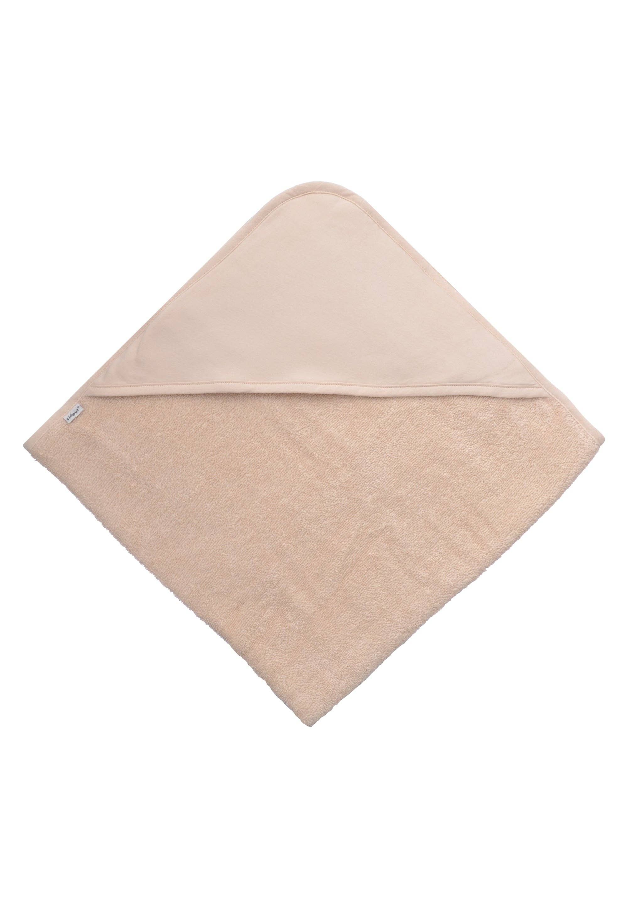 Beiges Kapuzenbadetuch 80x80 cm aus weicher Baumwolle für Babys, saugfähige Frotteequalität, kuschelig und hautfreundlich.