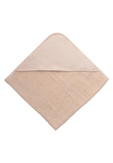 Beiges Kapuzenbadetuch 80x80 cm aus weicher Baumwolle für Babys, saugfähige Frotteequalität, kuschelig und hautfreundlich.