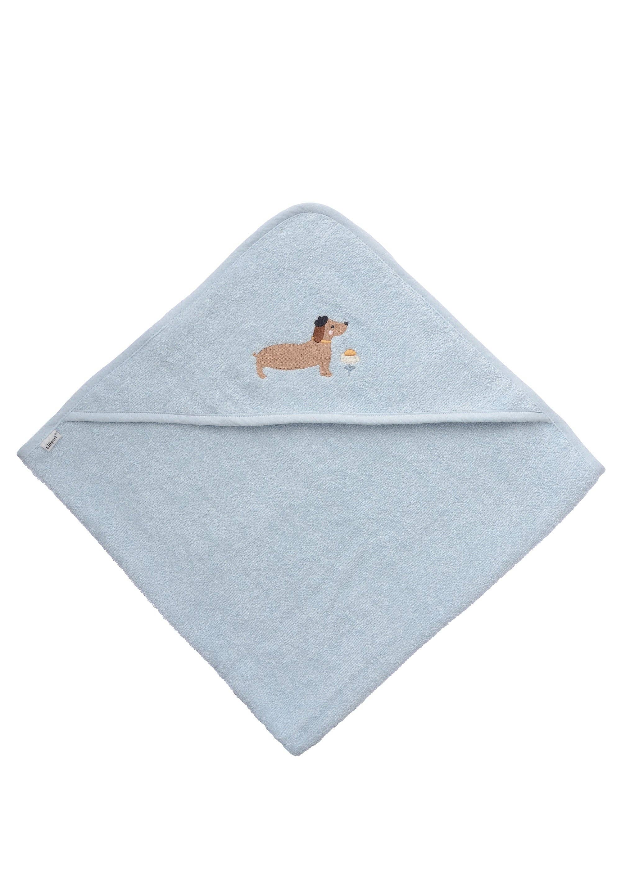 Hellblaues Kapuzenbadetuch 80x80 cm für Babys aus Baumwolle mit süßer Dackel Stickerei, weich und saugfähig.