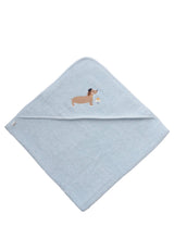 Hellblaues Kapuzenbadetuch 80x80 cm für Babys aus Baumwolle mit süßer Dackel Stickerei, weich und saugfähig.