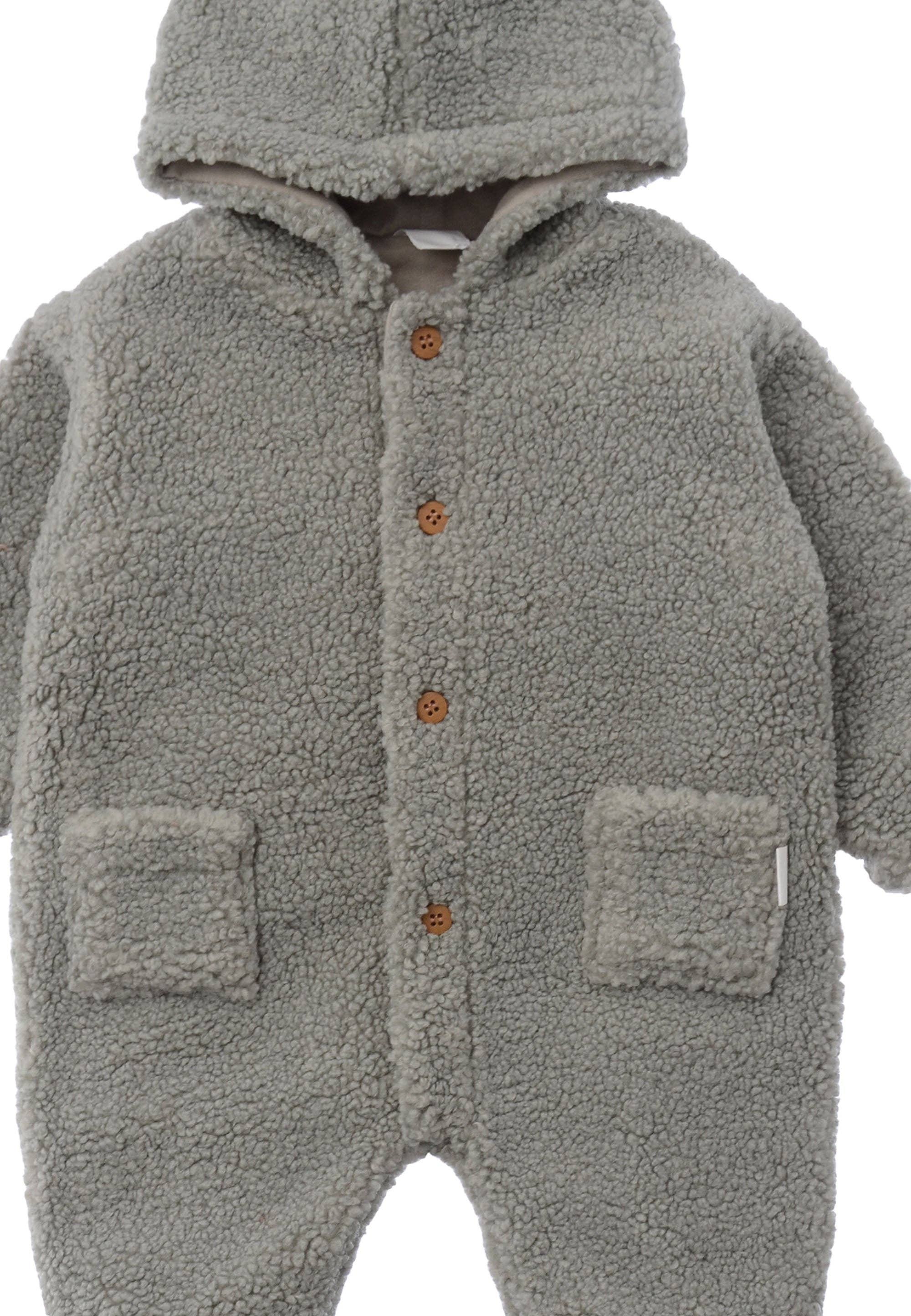 Stylischer Kinder Boucléfleece Overall in Grau-Grün, kuschelig, Kapuze und integrierte Füße, perfekt für Babys an kühlen Tagen.