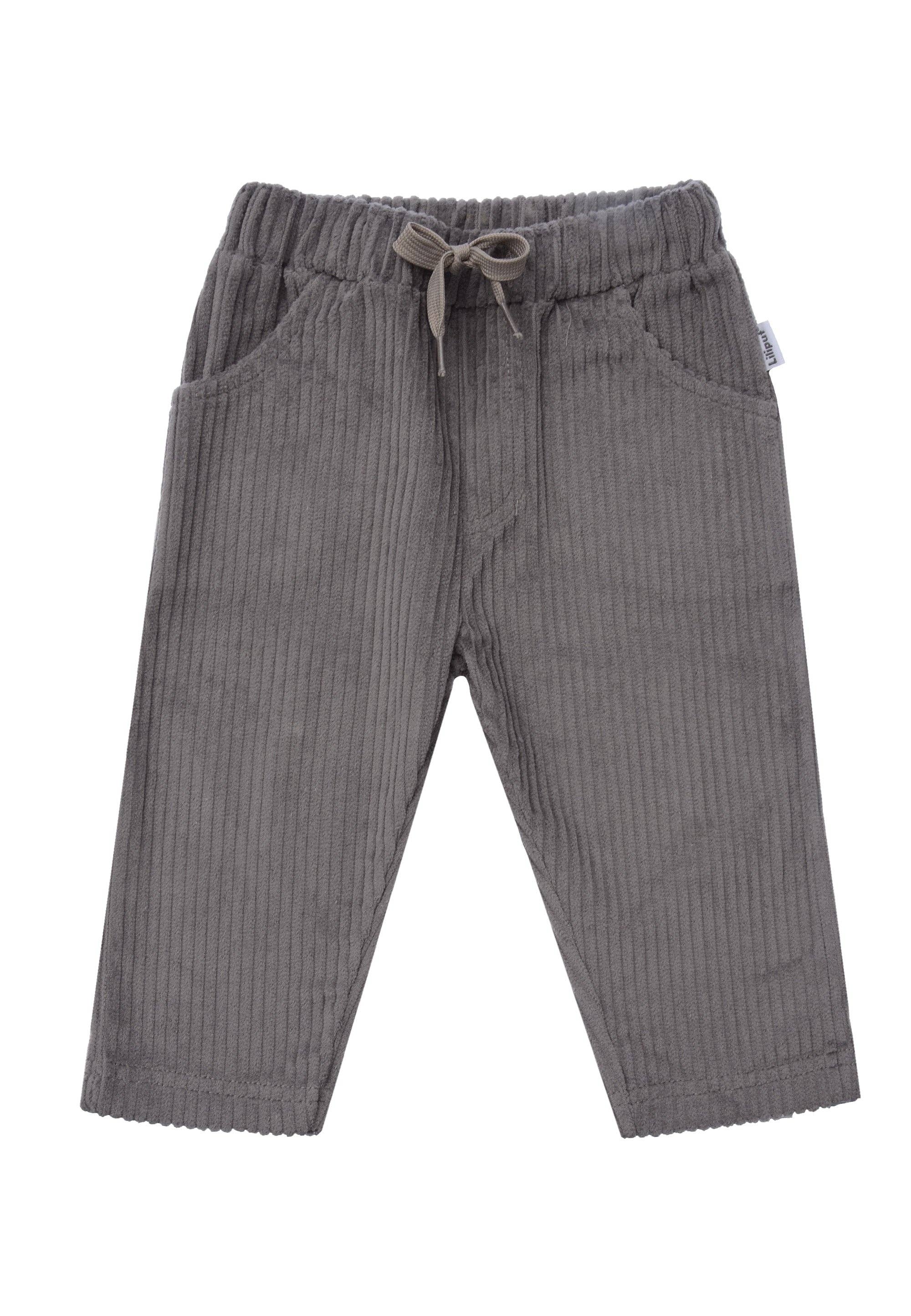 Stylische Kinder Cordhose in Grau, große Taschen, Kordelzug, bequem und lässig für Babys und Kleinkinder, 100% Baumwolle.