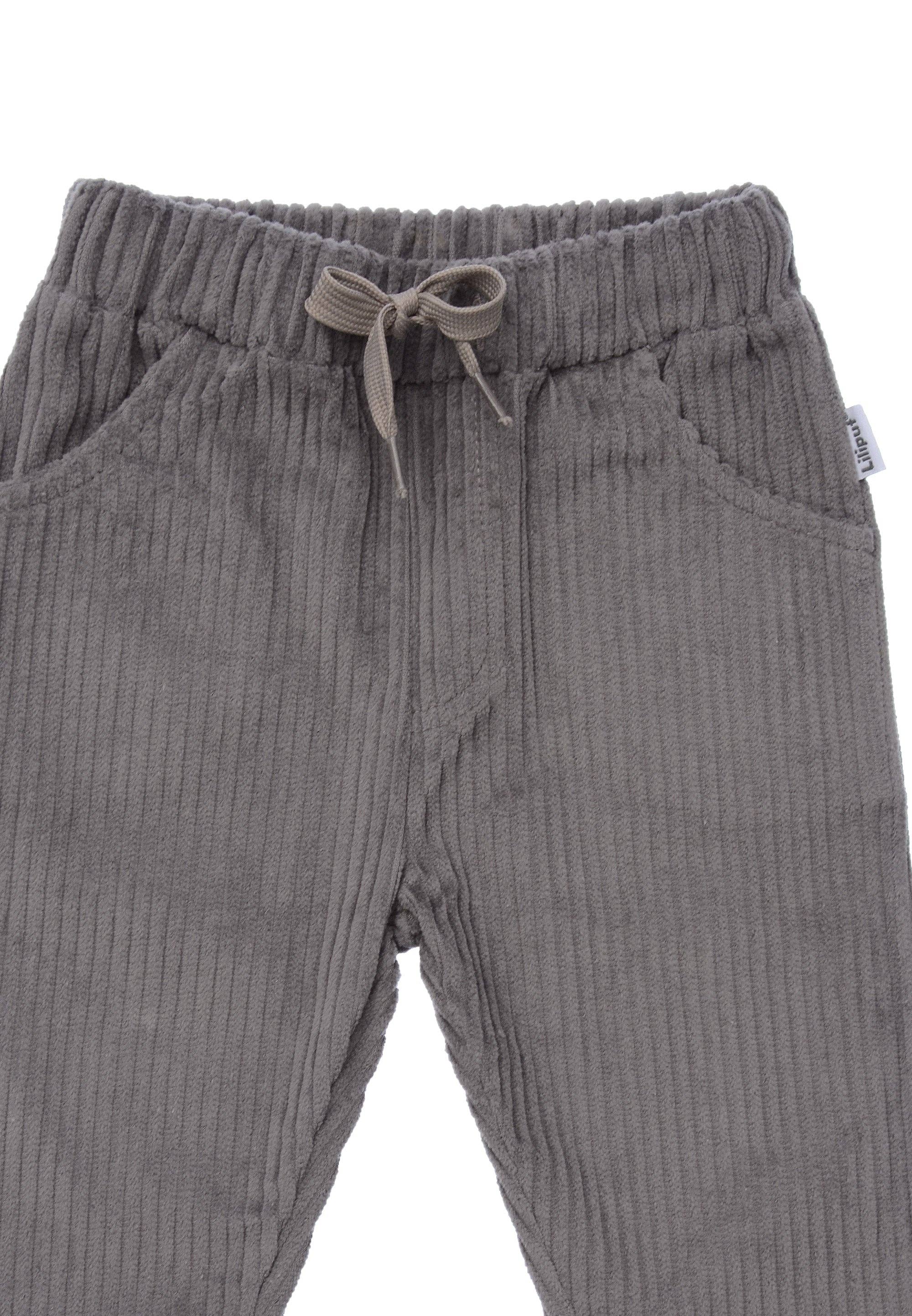 Stylische Kinder Cordhose in Grau, große Taschen, Kordelzug, bequem und lässig für Babys und Kleinkinder, 100% Baumwolle.