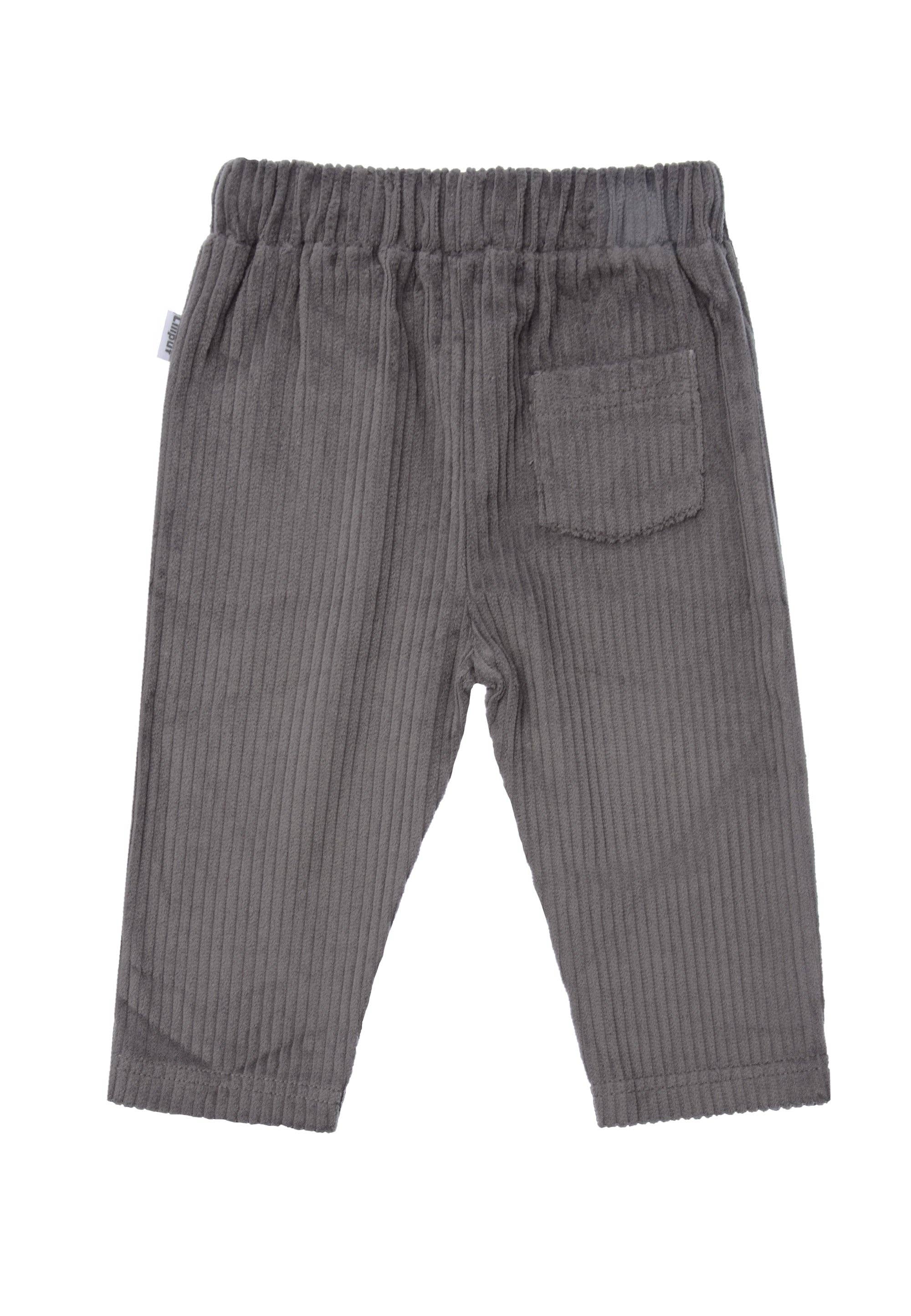 Stylische Kinder Cordhose in Grau, große Taschen, Kordelzug, bequem und lässig für Babys und Kleinkinder, 100% Baumwolle.