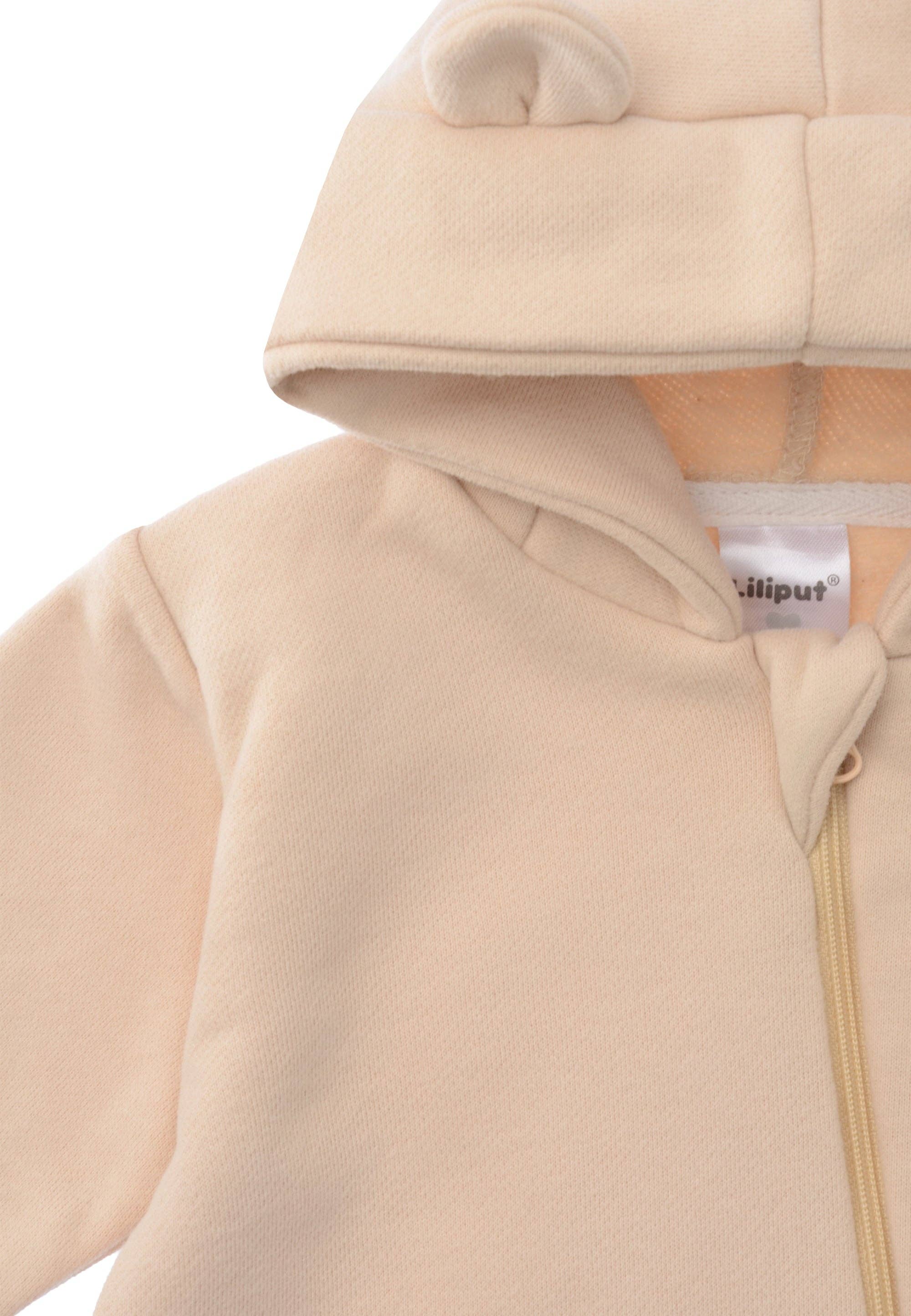 Stylischer Kinder Sweatoverall in Beige, kuschelig weich, Kapuze mit Öhrchen, Reißverschluss vorne, perfekt für Babys und Kleinkinder.